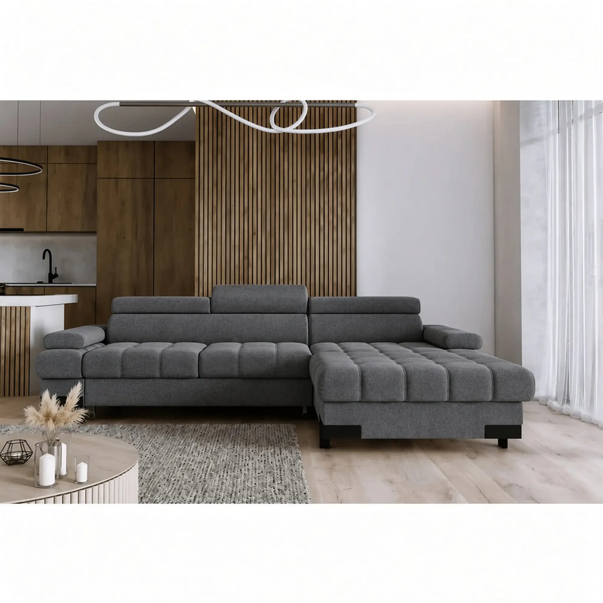 Coltar extensibil SELVA MINI, sezlong dreapta, stofa clasica gri inchis - Austin 19, cu lada depozitare si tetiere reglabile, 270x173x95 cm