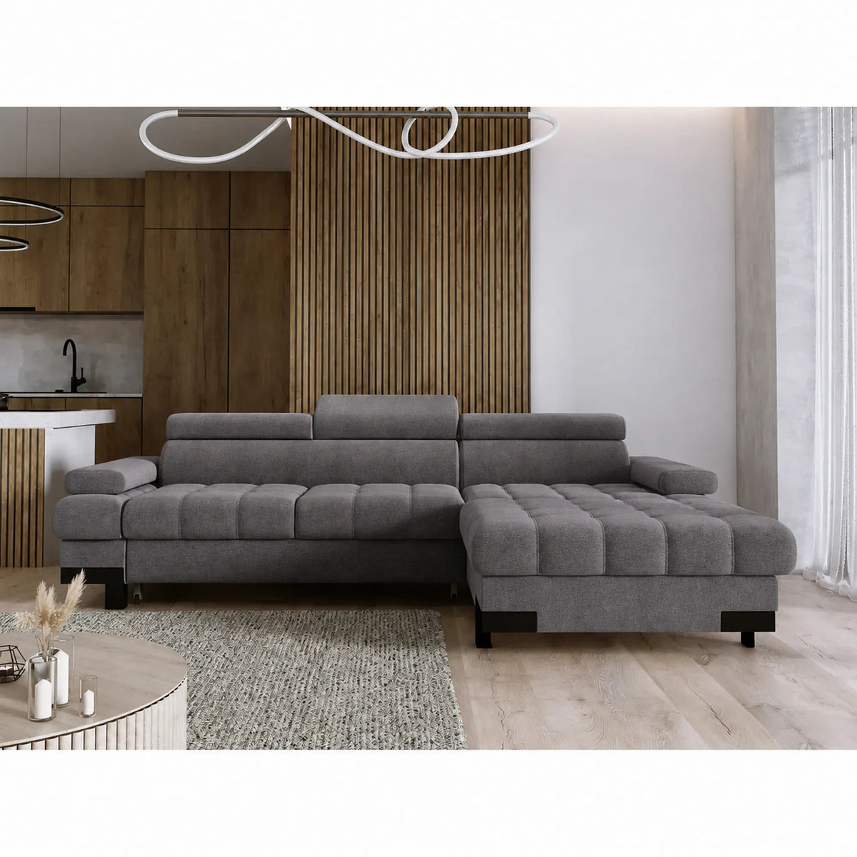 Coltar extensibil SELVA MINI, sezlong dreapta, stofa gri antracit - Salvador 15, cu lada depozitare si tetiere reglabile, 270x173x95 cm