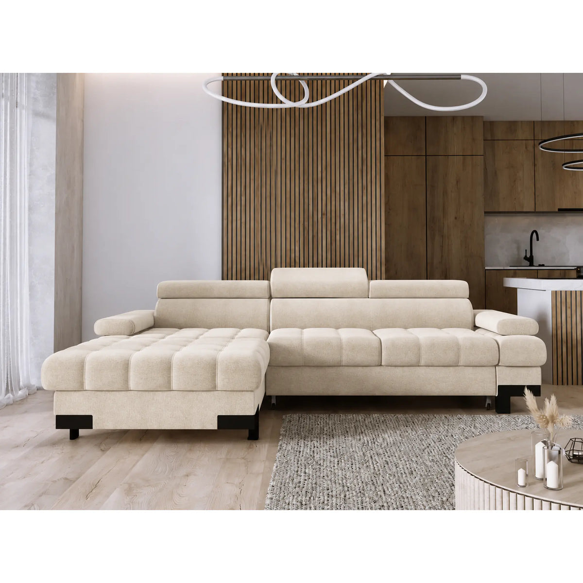 Coltar extensibil SELVA MINI, sezlong stanga, stofa catifelata bej - Shanghai 02, cu lada depozitare si tetiere reglabile,  270x173x95 cm
