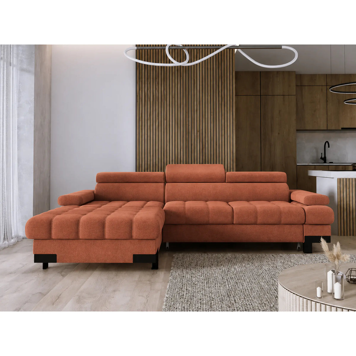 Coltar extensibil SELVA MINI, sezlong stanga, stofa catifelata caramiziu - Salvador 07, cu lada depozitare si tetiere reglabile, 270x173x95 cm
