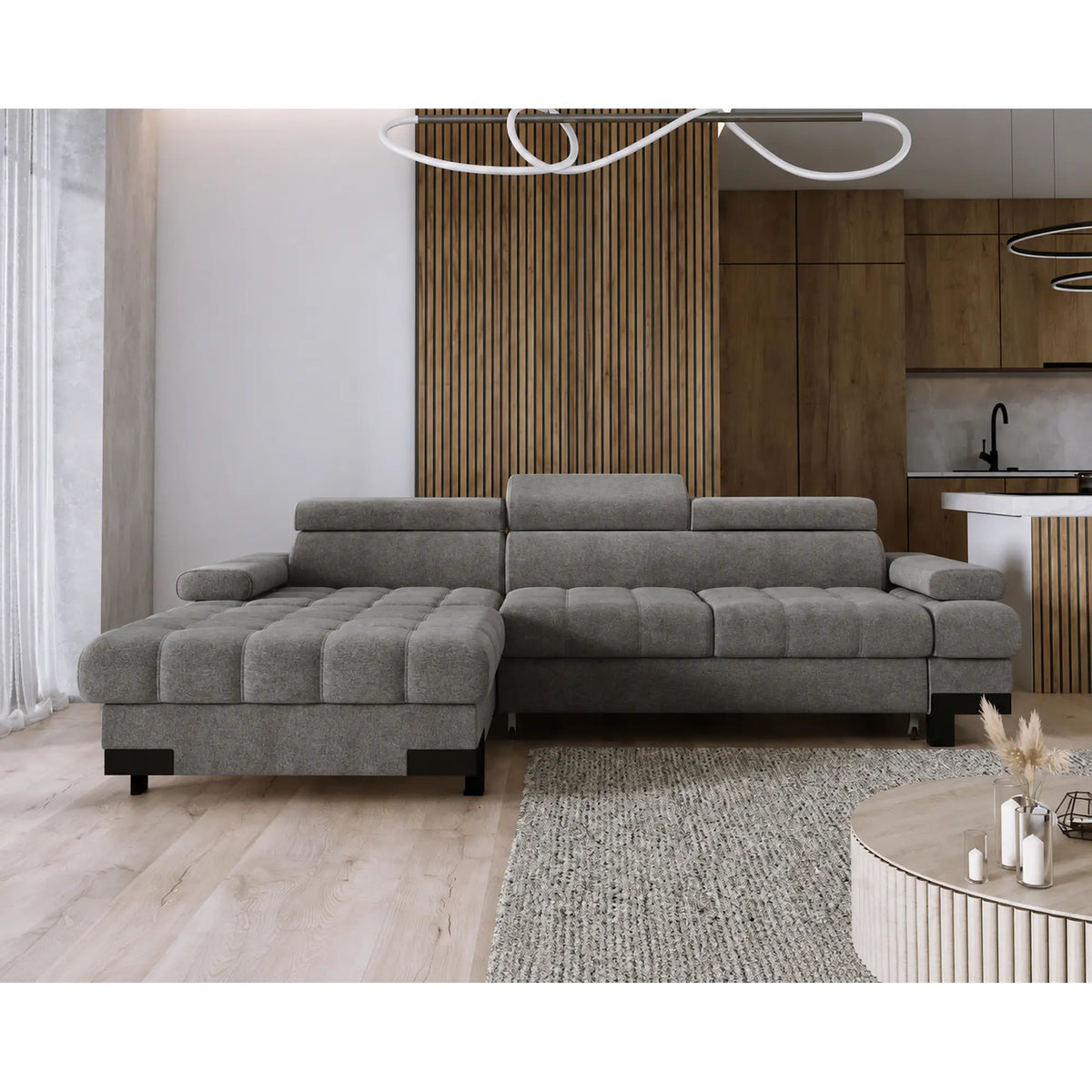 Coltar extensibil SELVA MINI, sezlong stanga, stofa catifelata gri - Shanghai 13, cu lada depozitare si tetiere reglabile, 270x173x95 cm