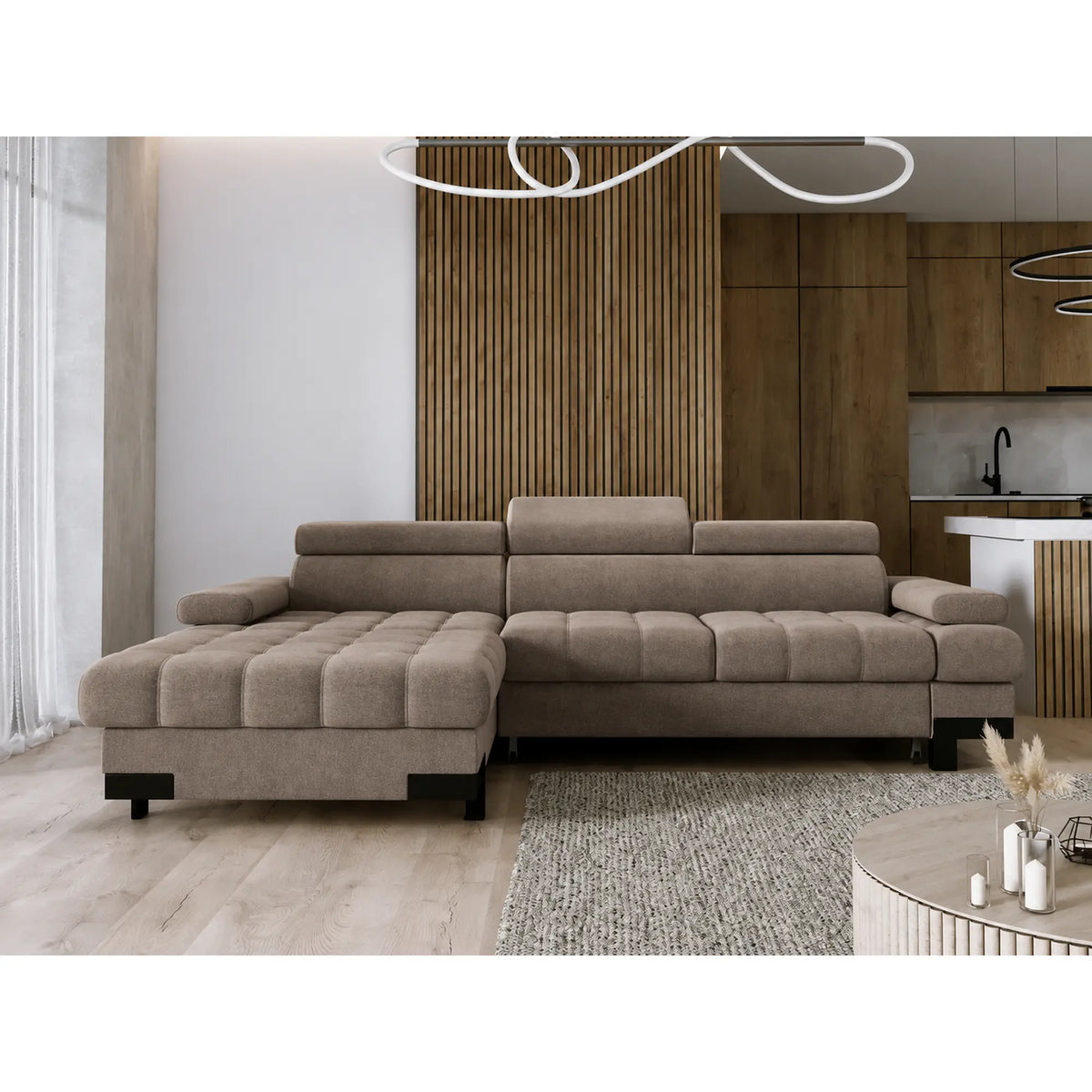 Coltar extensibil SELVA MINI, sezlong stanga, stofa catifelata maro - Salvador 3, cu lada depozitare si tetiere reglabile, 270x173x95 cm