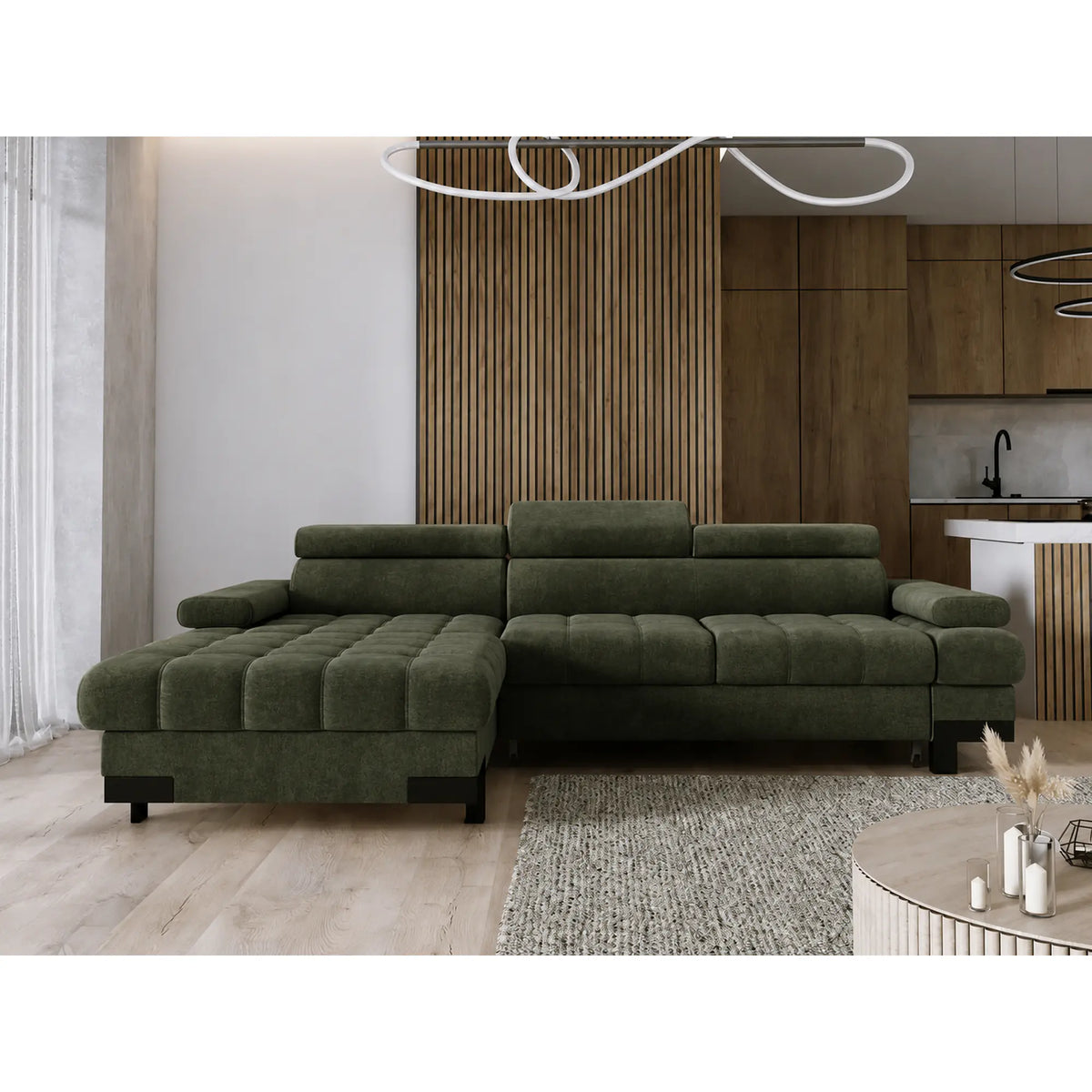 Coltar extensibil SELVA MINI, sezlong stanga, stofa catifelata verde - Whisper 11, cu lada depozitare si tetiere reglabile,  270x173x95 cm