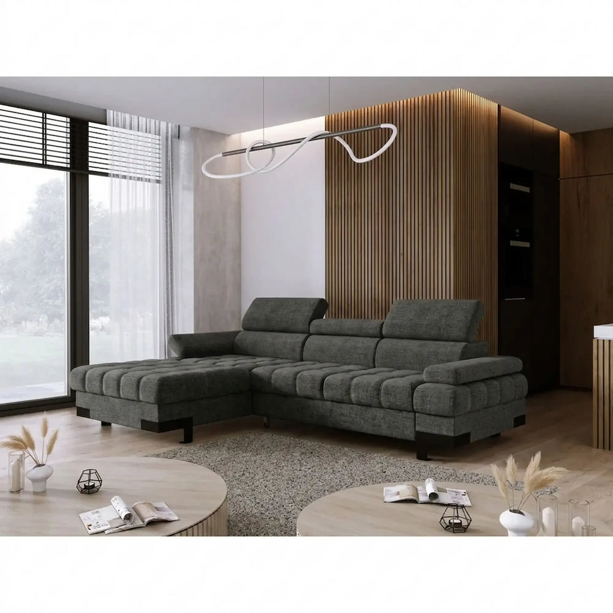 Coltar extensibil SELVA MINI, sezlong stanga, stofa gri - Rosario 456, cu lada depozitare si tetiere reglabile, 270x173x95 cm