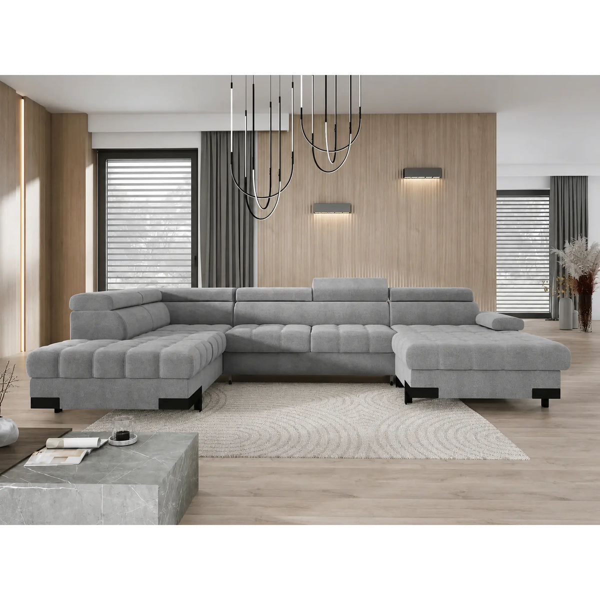 Coltar extensibil SELVA XL, sezlong stanga, stofa catifelata gri - Riviera 91, cu lada depozitare si tetiere reglabile, 339x223x95 cm
