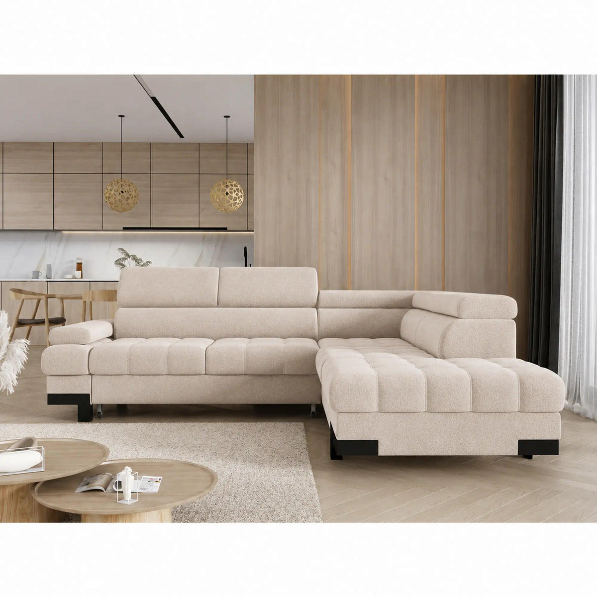 Coltar extensibil SELVA L, sezlong dreapta, stofa catifelata bej - Vogue 1, cu lada depozitare si tetiere reglabile, 263x223x95 cm