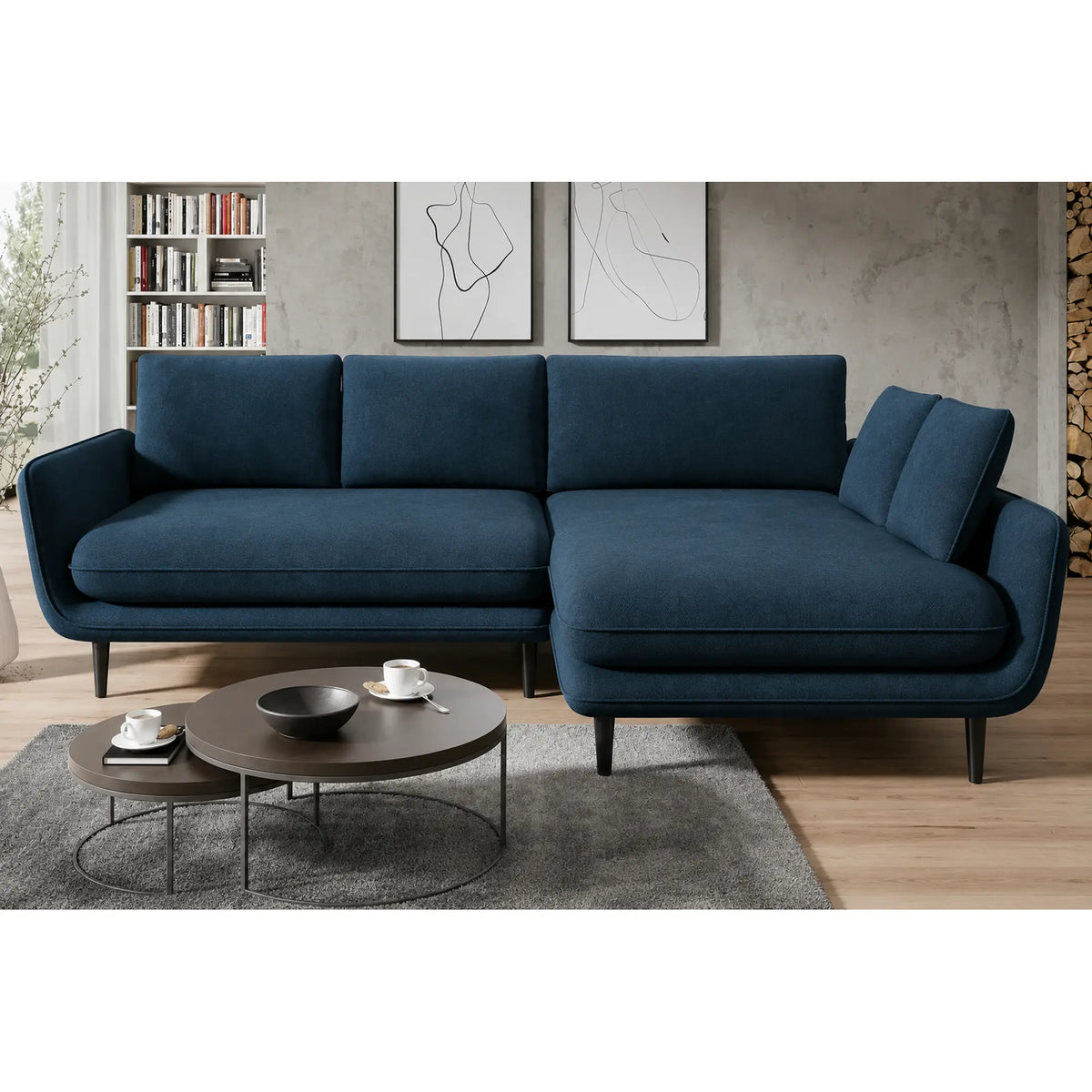 Coltar extensibil SOLANO, sezlong dreapta, stofa catifelata albastru inchis - Element 13, cu lada depozitare, 260x167x83 cm