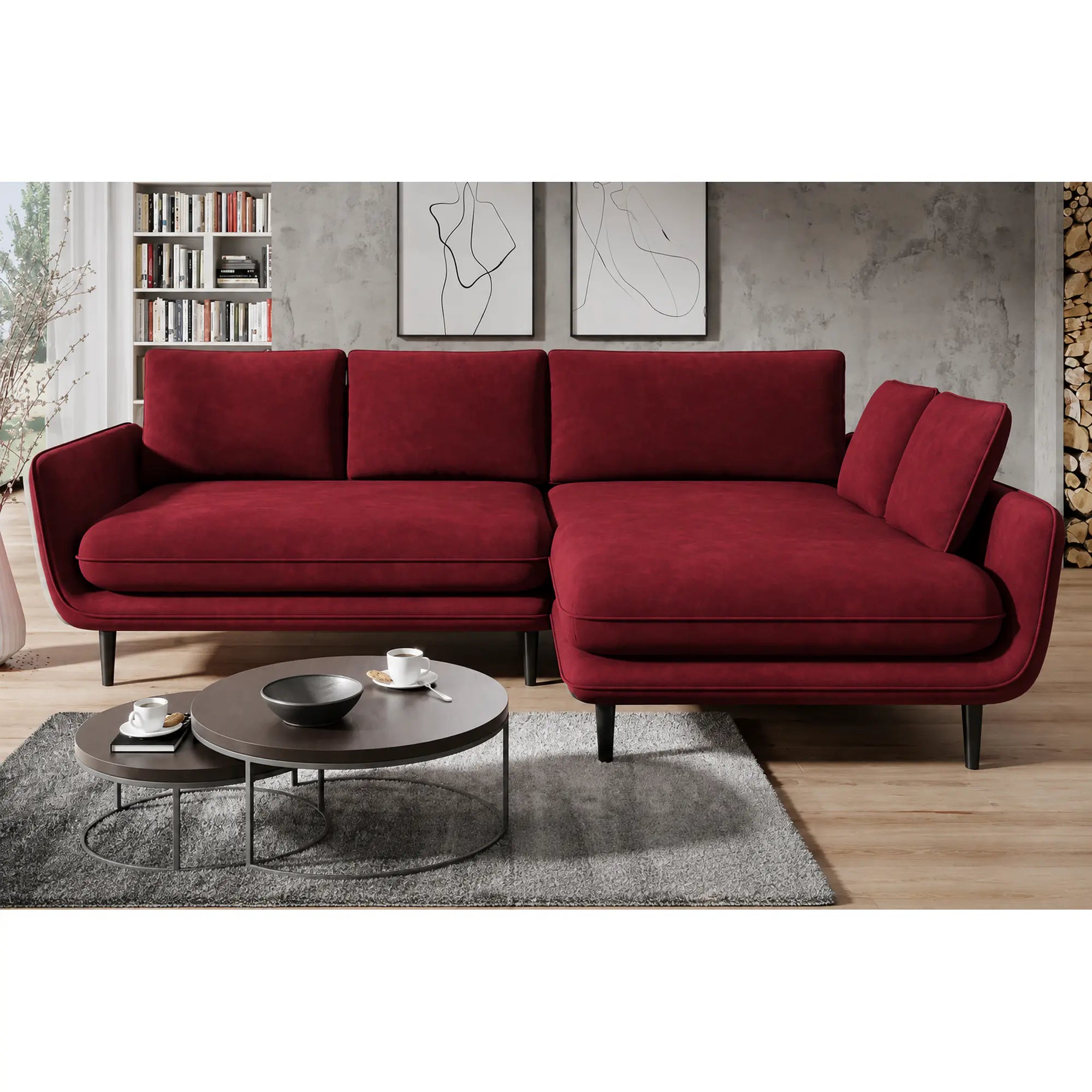 Coltar extensibil SOLANO, sezlong dreapta, stofa catifelata rosu - Riviera 61, cu lada depozitare, 260x167x83 cm