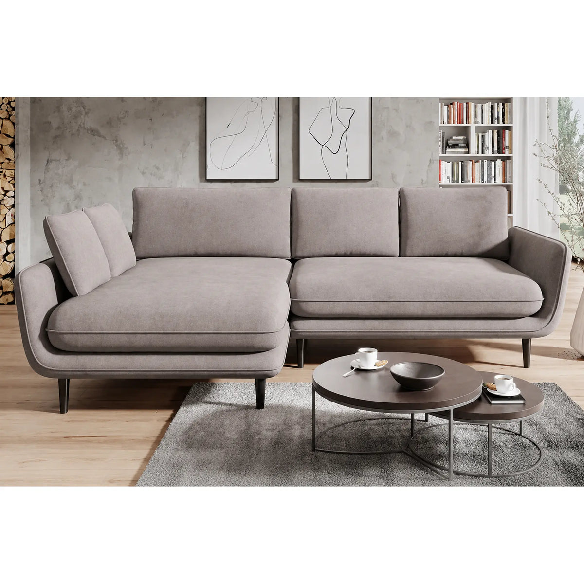 Coltar extensibil SOLANO, sezlong stanga, stofa catifelata bej - Whisper 3, cu lada depozitare, 260x167x83 cm