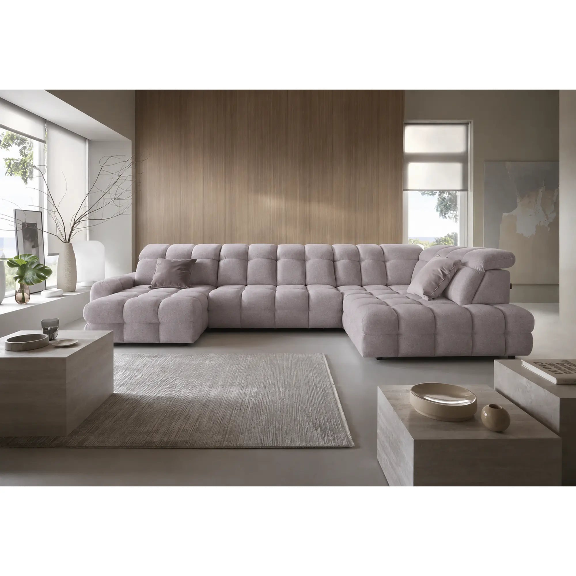 Coltar extensibil U TOLLO XL, sezlong dreapta, stofa catifelata bej - Whisper 3, cu lada depozitare si reglaj electric, 400x220x106 cm
