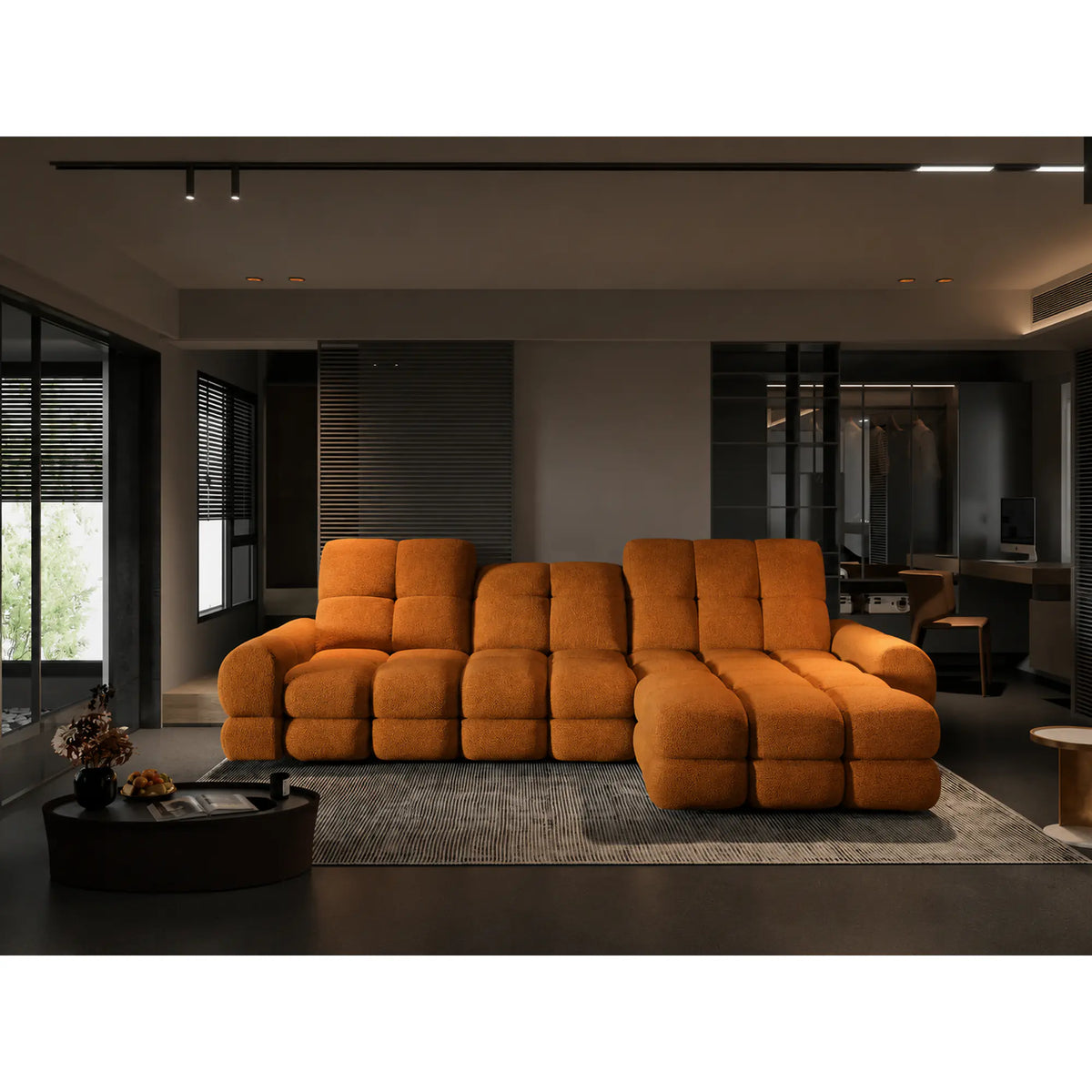 Coltar extensibil confortabil TOLLO MINI, sezlong dreapta, stofa catifelata scortisoara - Salvador 08, cu lada depozitare si reglaj electric, 283x171x105 cm