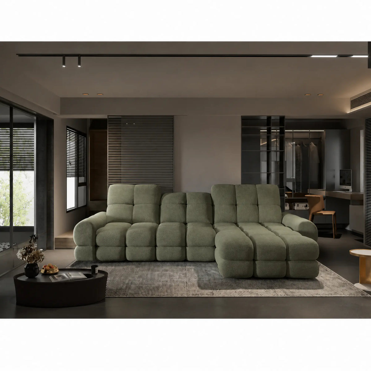 Coltar extensibil confortabil TOLLO MINI, sezlong dreapta, stofa catifelata verde - Shanghai 07, Gama Premium, cu lada depozitare si reglaj electric, 283x171x105 cm