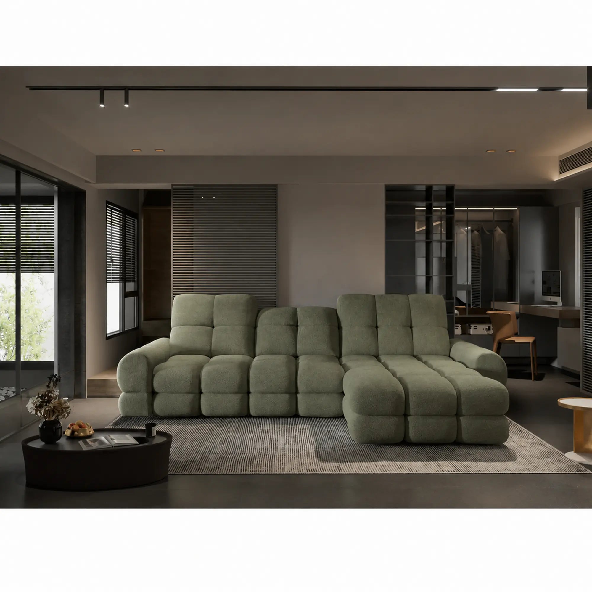 Coltar extensibil confortabil TOLLO MINI, sezlong dreapta, stofa catifelata verde - Shanghai 07, Gama Premium, cu lada depozitare si reglaj electric, 283x171x105 cm