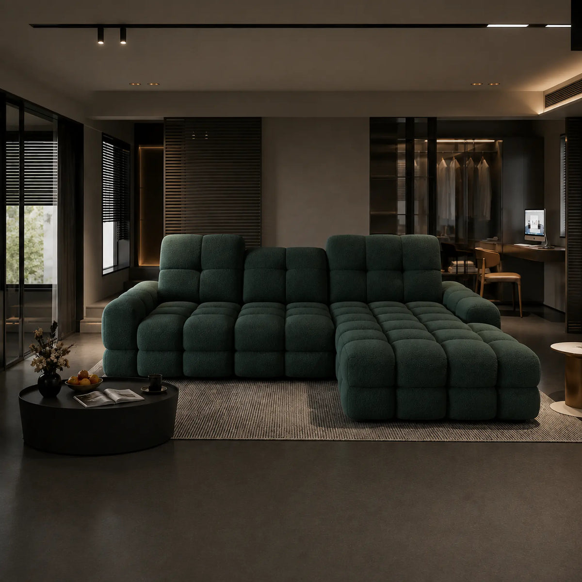 Coltar extensibil confortabil TOLLO MINI, sezlong dreapta, stofa catifelata verde inchis - Element 12, Gama Premium, cu lada depozitare si reglaj electric, 283x171x105 cm