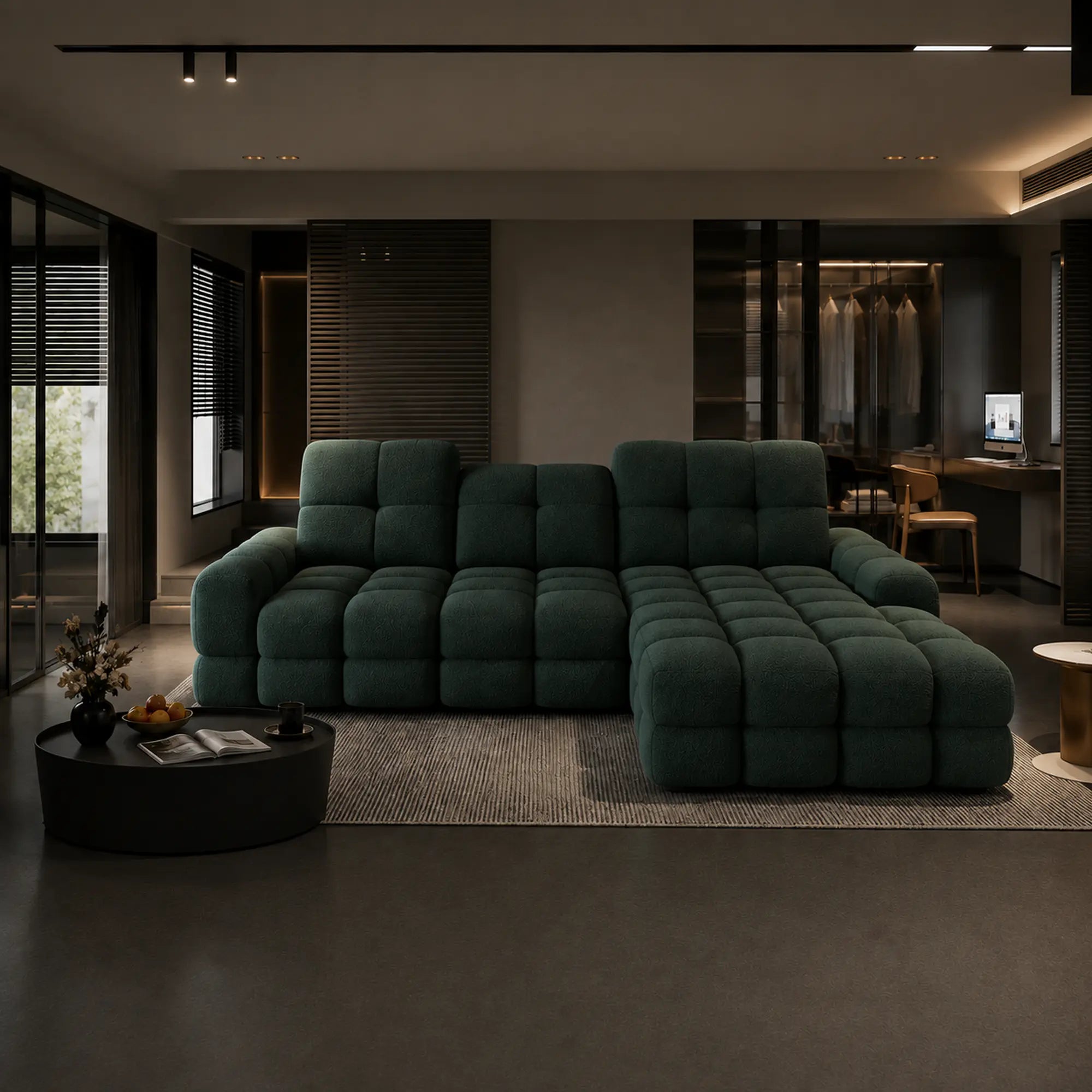 Coltar extensibil confortabil TOLLO MINI, sezlong dreapta, stofa catifelata verde inchis - Element 12, Gama Premium, cu lada depozitare si reglaj electric, 283x171x105 cm