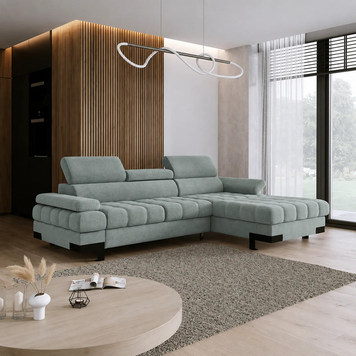 Coltar extensibil cu lada SELVA MINI, sezlong dreapta, stofa catifelata verde menta - Salvador 12, tetiere reglabile, 270x173x95 cm