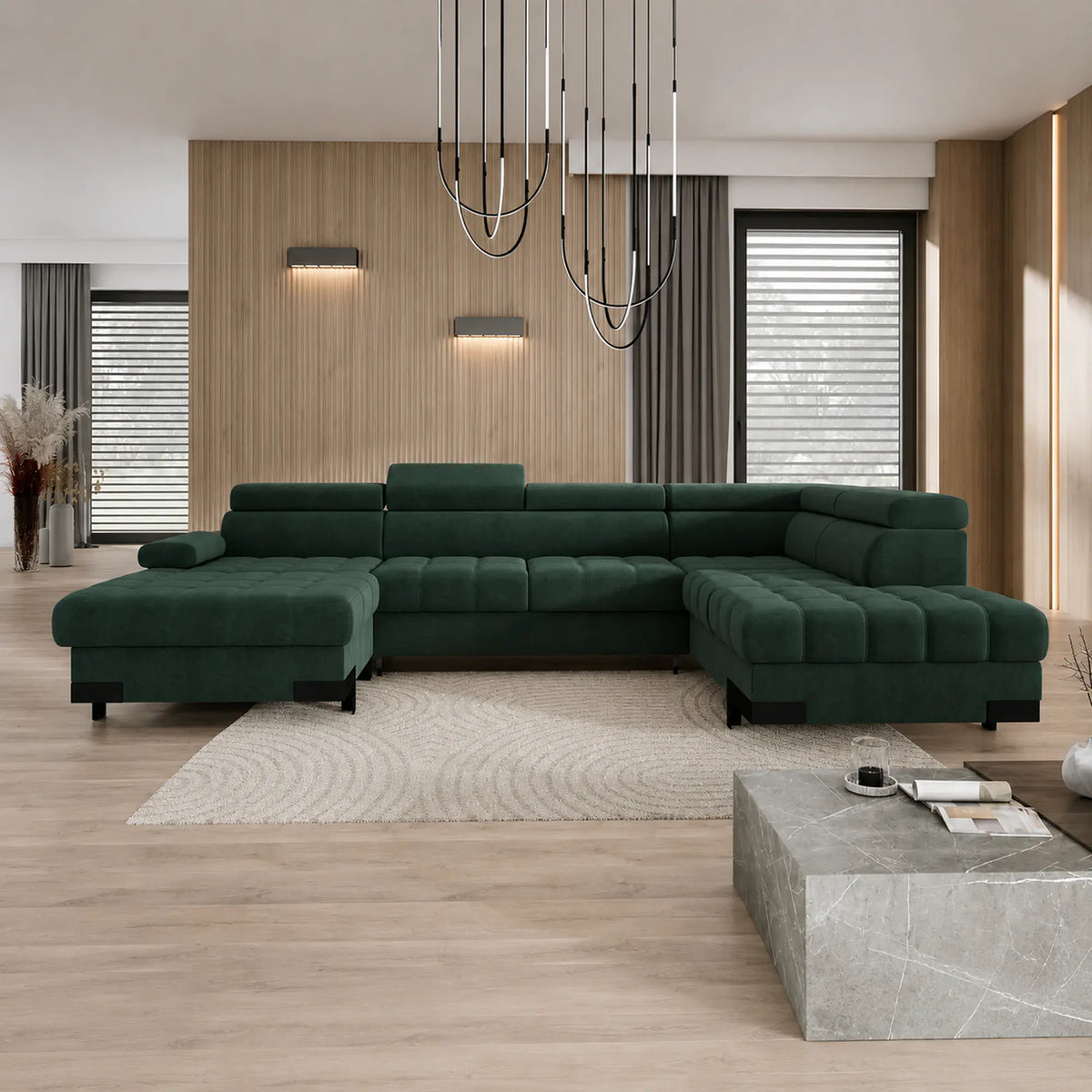 Coltar extensibil cu lada SELVA XL, sezlong dreapta, stofa catifelata verde inchis - Element 12, cu tetiere reglabile, 339x223x95 cm