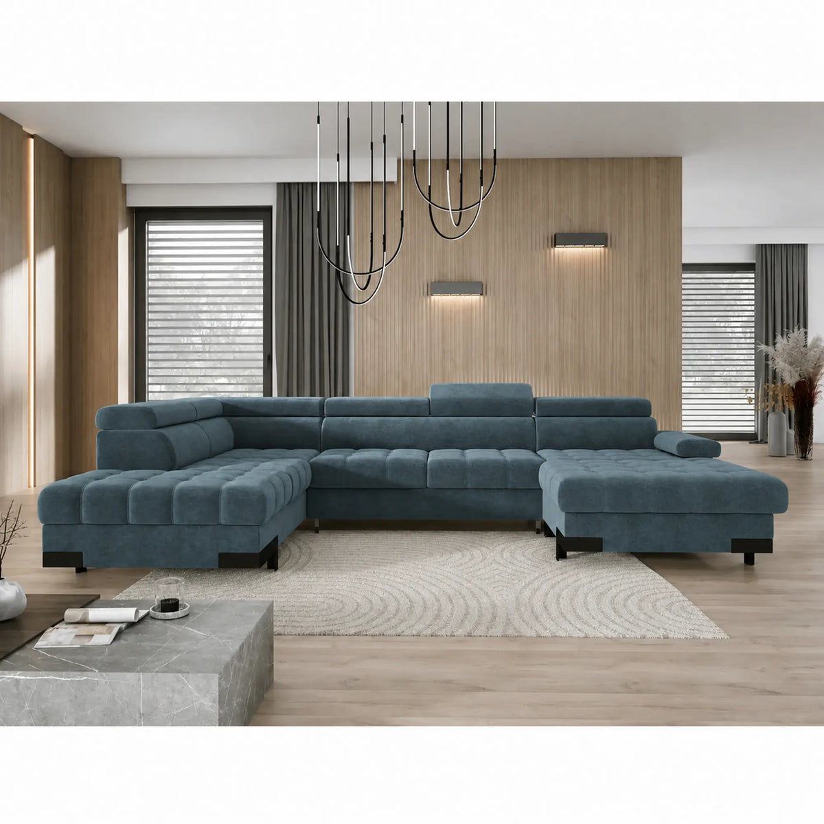 Coltar extensibil cu lada SELVA XL, sezlong stanga, stofa catifelata turcoaz inchis - Riviera 87, cu tetiere reglabile, 339x223x95 cm