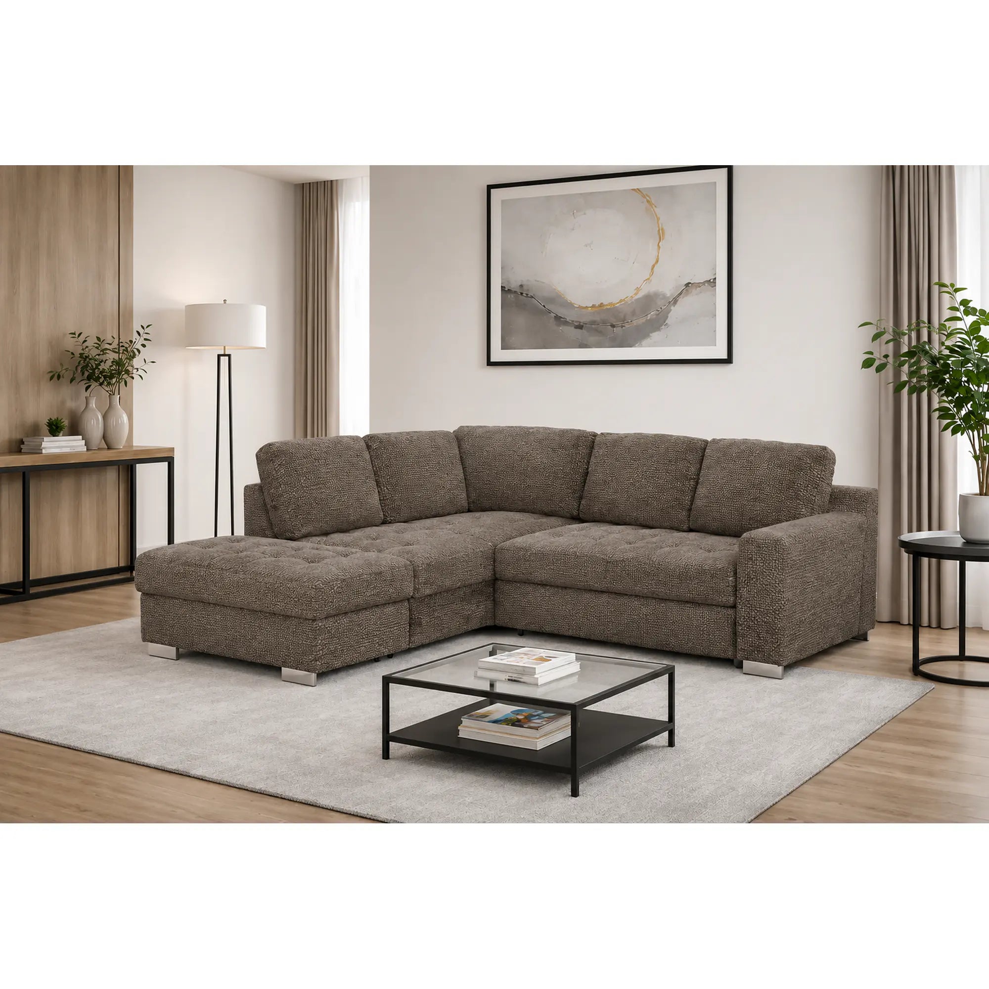 Coltar extensibil modern living ROCA, sezlong stanga, stofa maro - Rimini R071, 262x241x89 cm