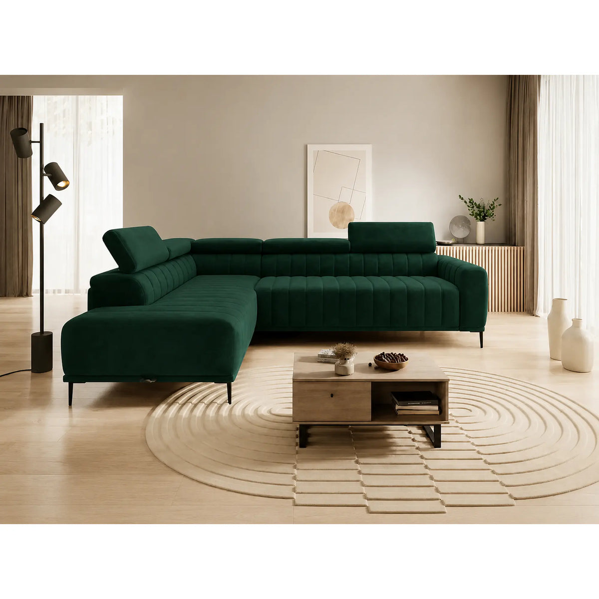 Coltar extensibil stofa catifelata GANDI 120, sezlong stanga, stofa verde - Riviera 38, cu lada depozitare si tetiere reglabile, 261x204x99 cm