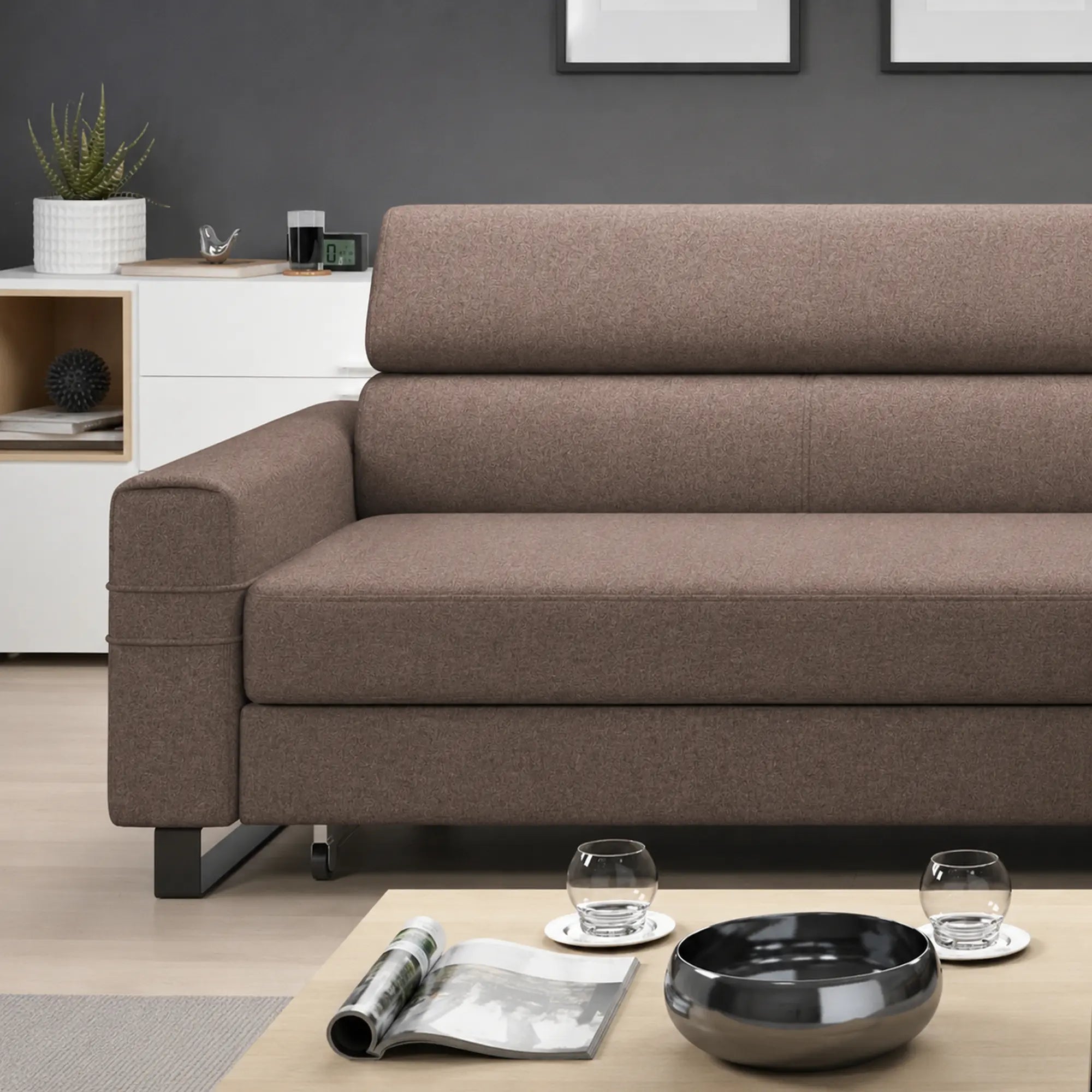 Coltar extensibil LIVIO, sezlong dreapta, stofa catifelata cappuccino - Palladium 04, cu lada depozitare si tetiere reglabile, 249x184x90 cm