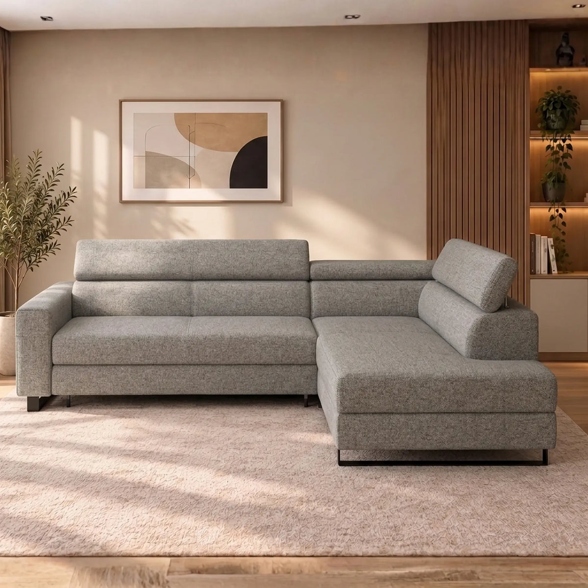 Coltar extensibil LIVIO, sezlong dreapta, stofa catifelata gri - Element 4, cu lada depozitare si tetiere reglabile, 249x184x90 cm