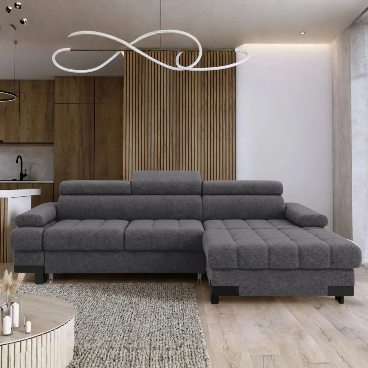 Coltar extensibil SELVA MINI, sezlong dreapta, stofa gri antracit - Salvador 15, cu lada depozitare si tetiere reglabile, 270x173x95 cm