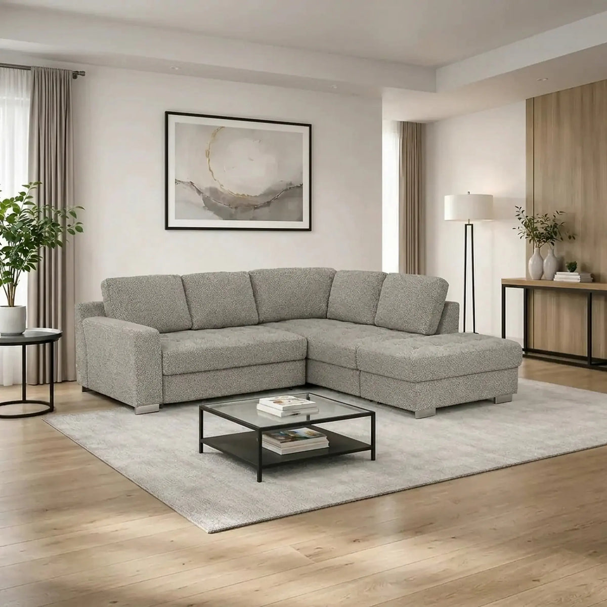 Coltar extensibil modern living ROCA, sezlong dreapta, stofa gri deschis - Rimini R073, 262x241x89 cm