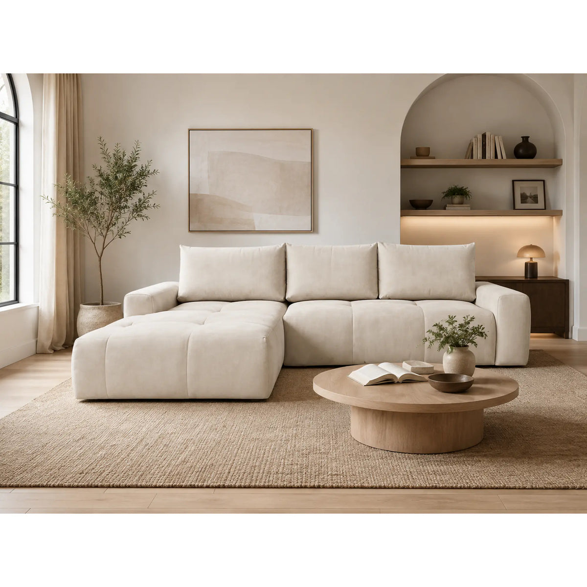Coltar living stofa ATLANTIC, sezlong stanga, catifea bej - Element 17, cu lada depozitare, 305x214x94 cm