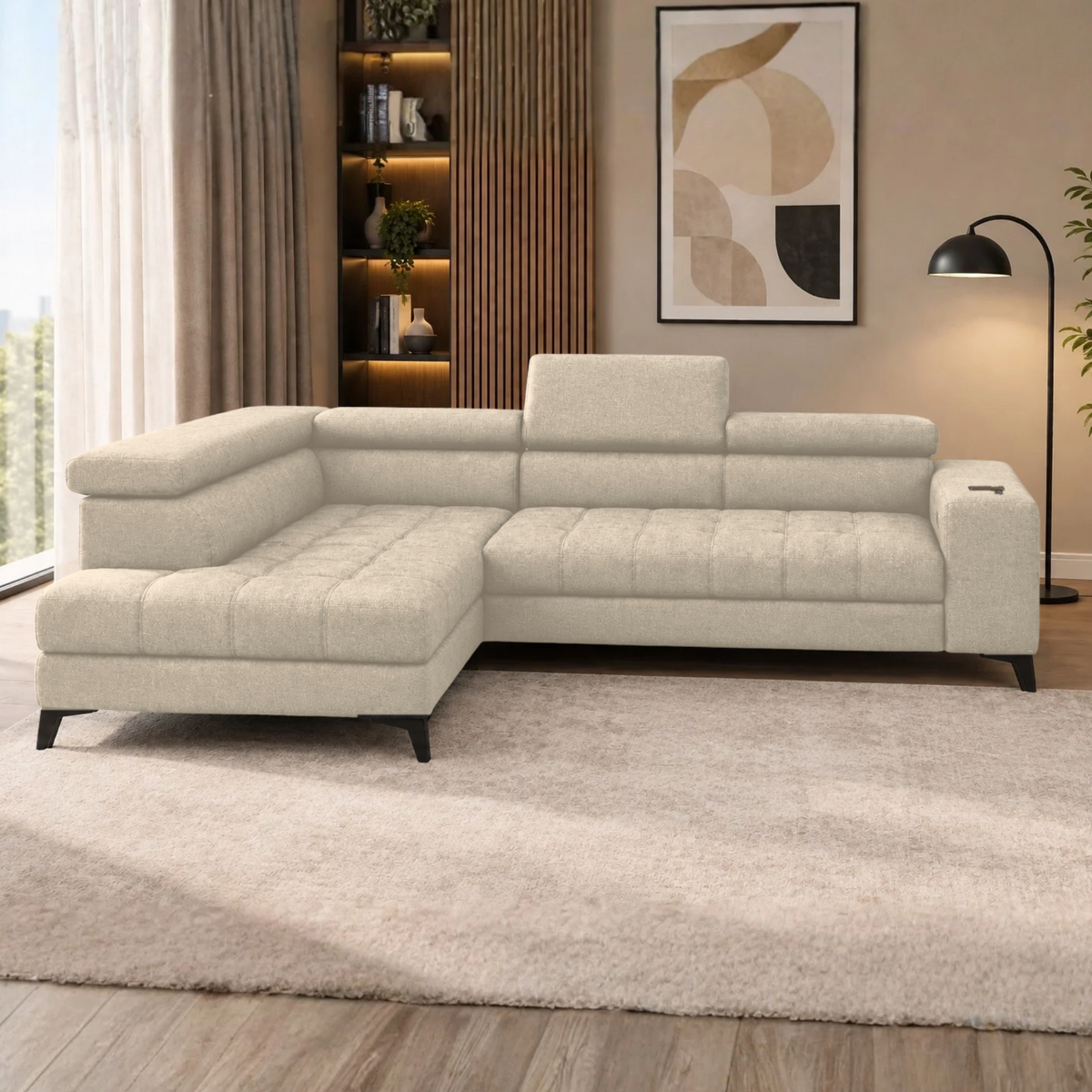 Coltar BAGGIO, sezlong stanga, stofa catifelata bej - Whisper 3, cu reglaj electric, incarcator wireless, lada depozitare si tetiere reglabile, 280x196x100 cm