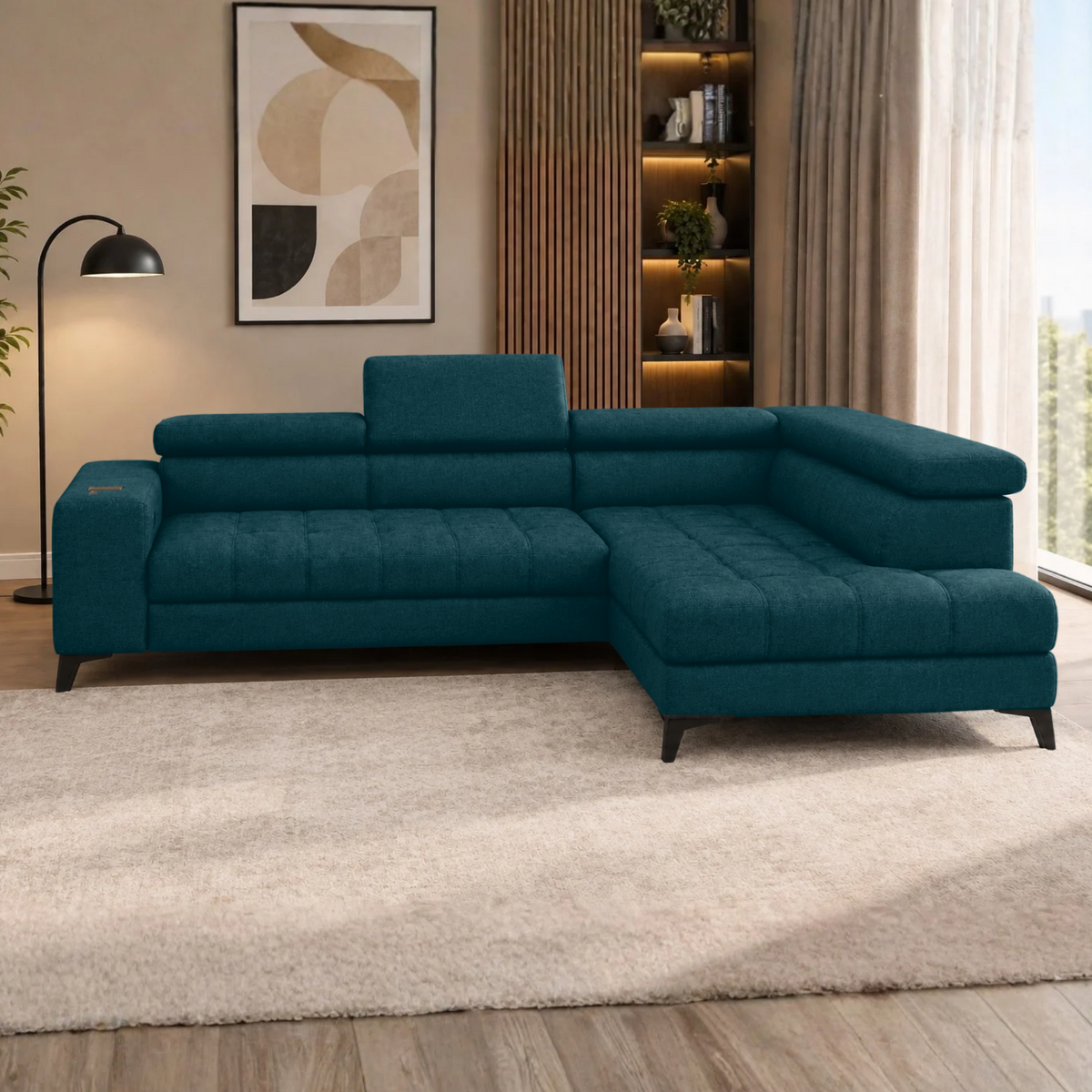 Coltar BAGGIO, sezlong dreapta, stofa catifelata albastru - Salvador 11, cu reglaj electric, incarcator wireless, lada depozitare si tetiere reglabile, 280x196x100 cm