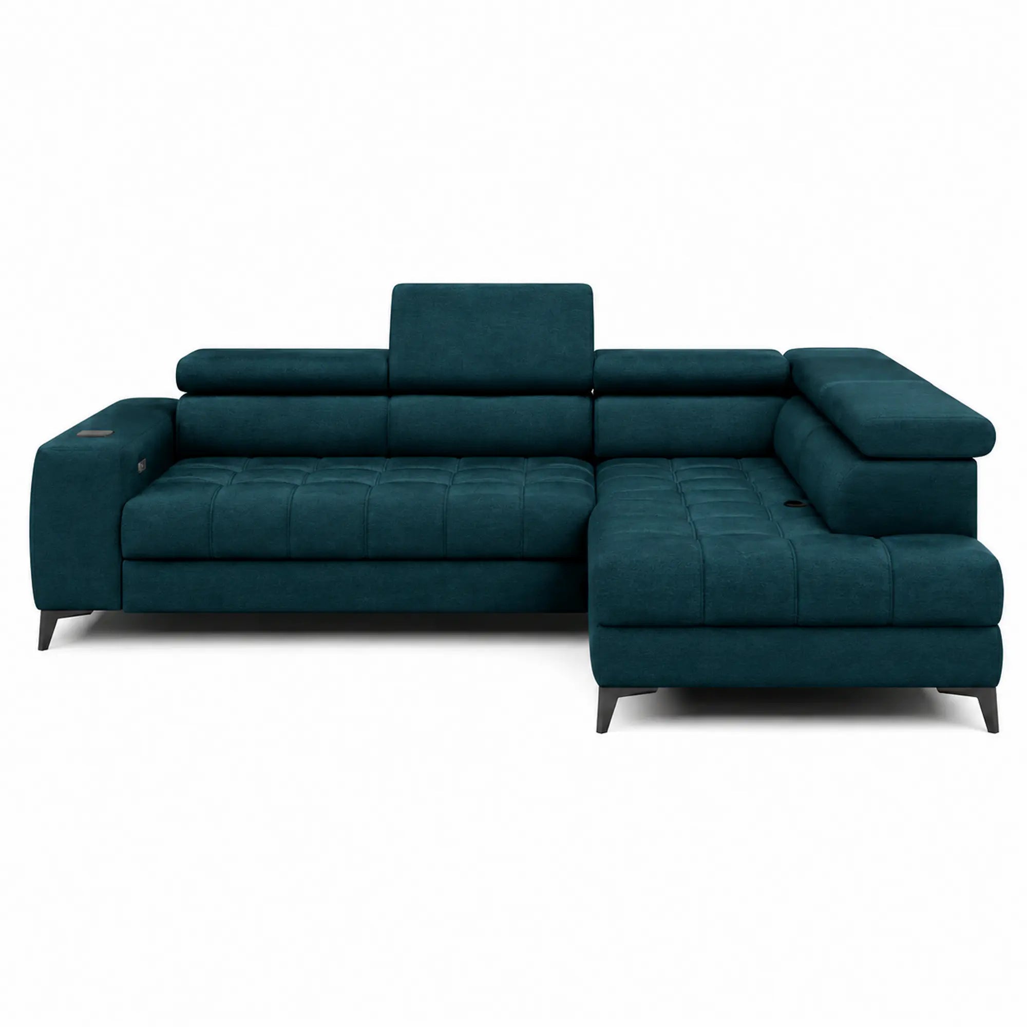 Coltar BAGGIO, sezlong dreapta, stofa catifelata albastru - Salvador 11, cu reglaj electric, incarcator wireless, lada depozitare si tetiere reglabile, 280x196x100 cm