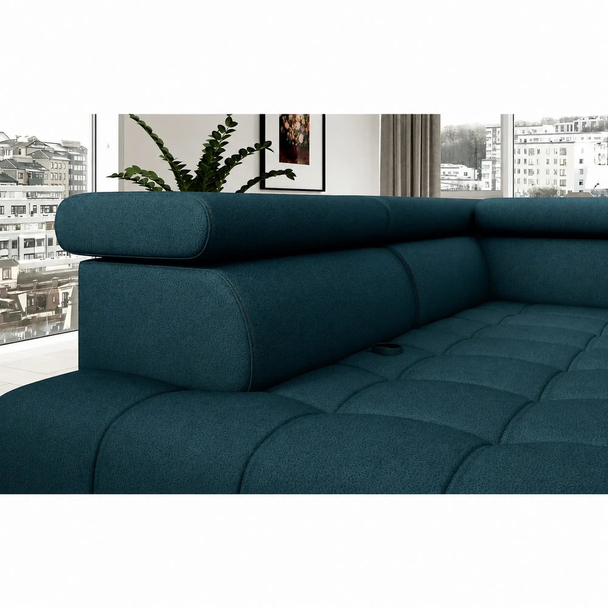 Coltar BAGGIO, sezlong dreapta, stofa catifelata albastru - Salvador 11, cu reglaj electric, incarcator wireless, lada depozitare si tetiere reglabile, 280x196x100 cm