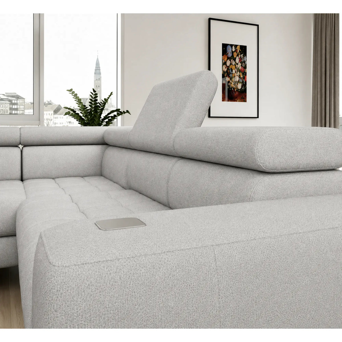 Coltar BAGGIO, sezlong dreapta, stofa catifelata crem - Solar 03, cu reglaj electric, incarcator wireless, lada depozitare si tetiere reglabile, 280x196x100 cm