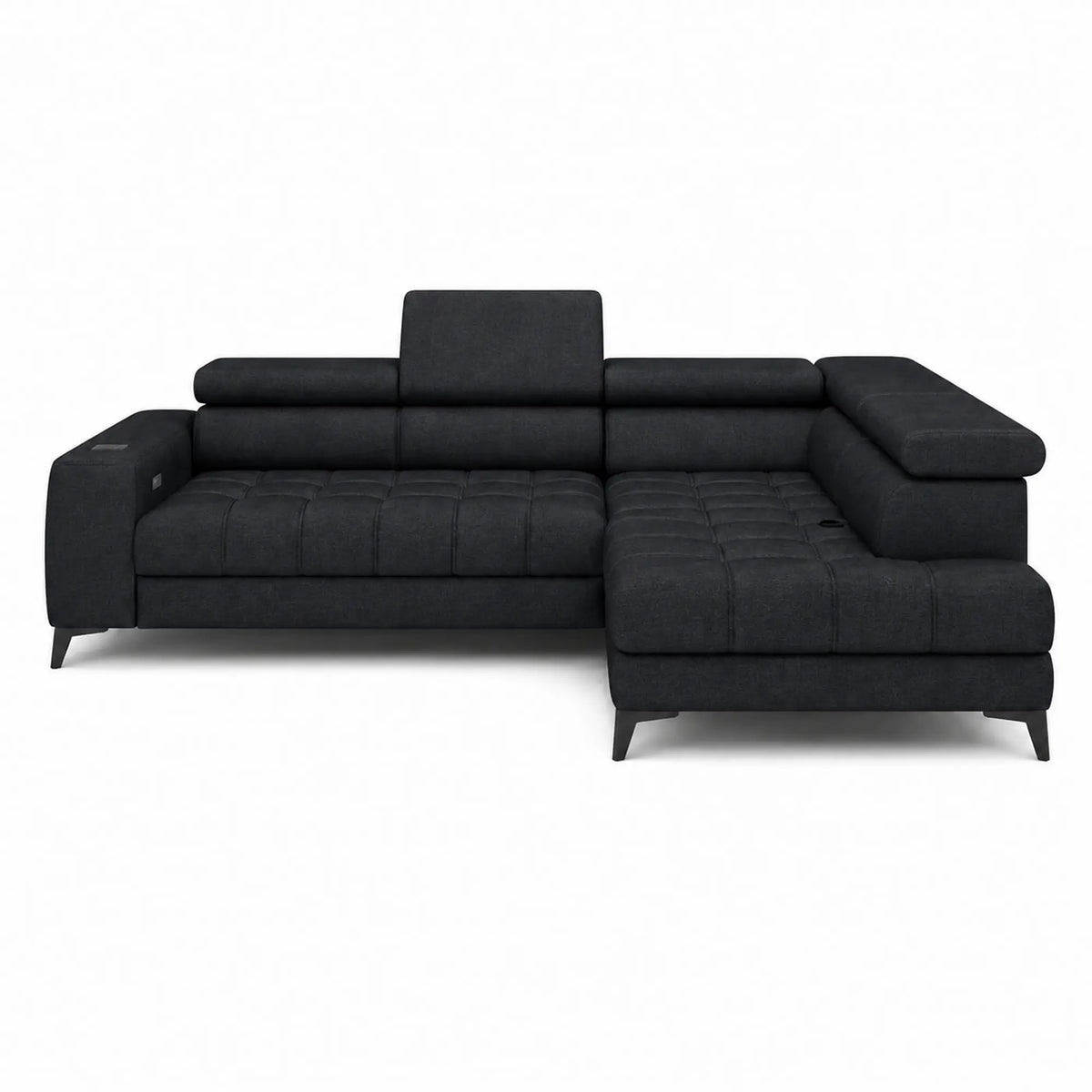 Coltar BAGGIO, sezlong dreapta, stofa catifelata gri grafit - Palladium 19, cu reglaj electric, incarcator wireless, lada depozitare si tetiere reglabile, 280x196x100 cm