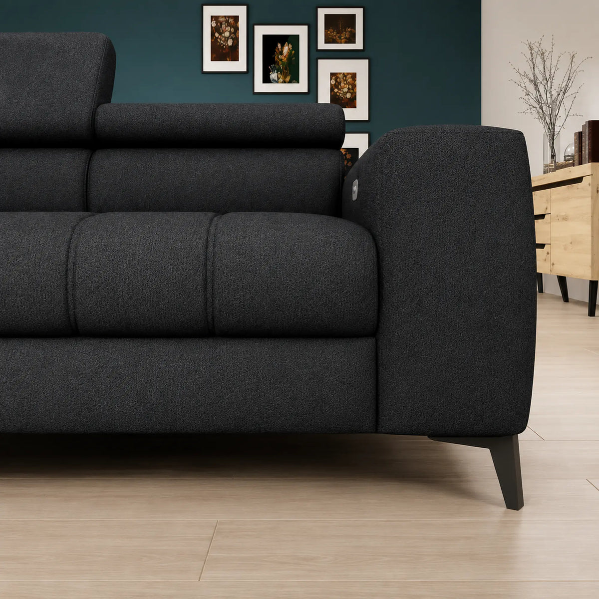 Coltar BAGGIO, sezlong dreapta, stofa catifelata gri grafit - Palladium 19, cu reglaj electric, incarcator wireless, lada depozitare si tetiere reglabile, 280x196x100 cm