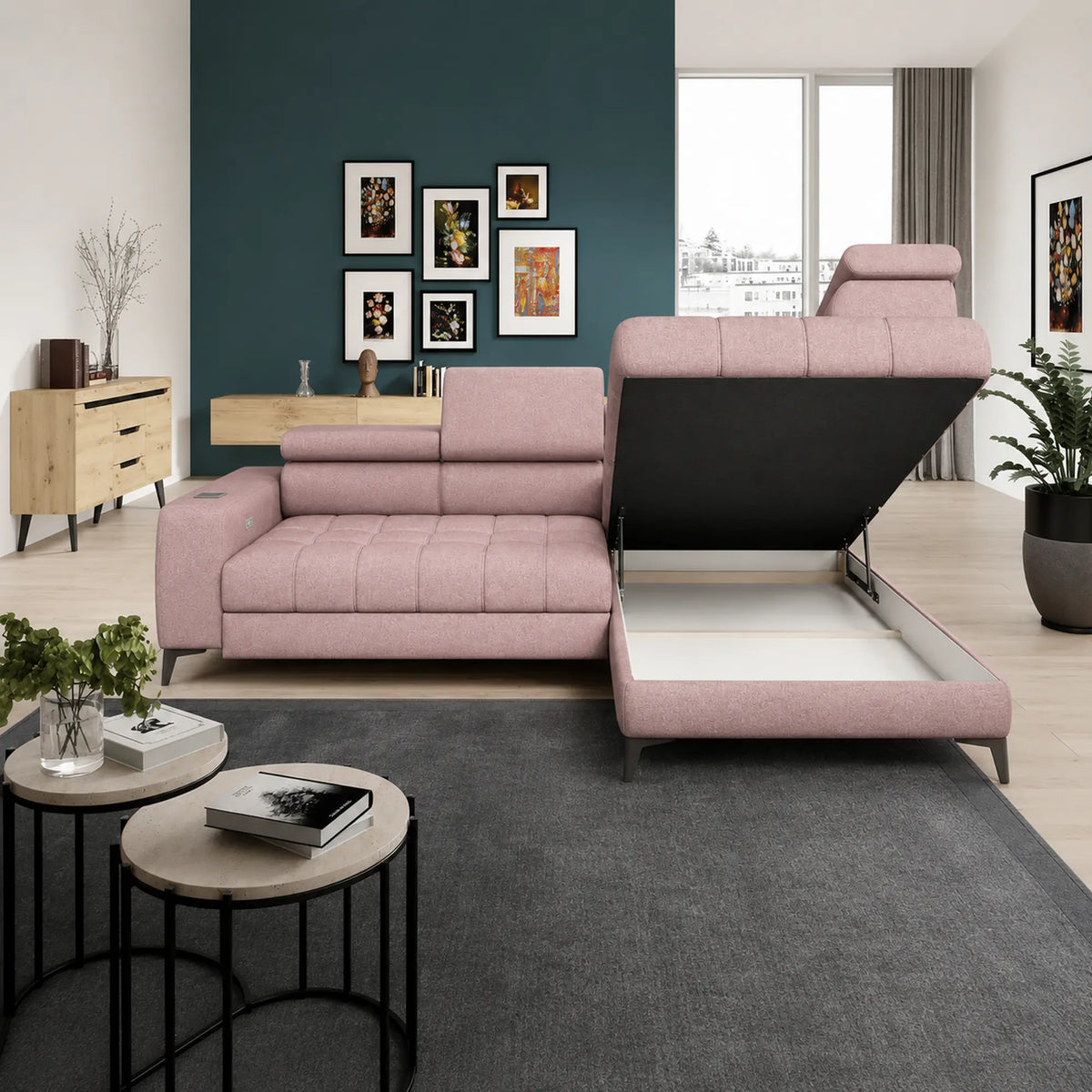 Coltar BAGGIO, sezlong dreapta, stofa catifelata roz - Element 18, cu reglaj electric, incarcator wireless, lada depozitare si tetiere reglabile, 280x196x100 cm