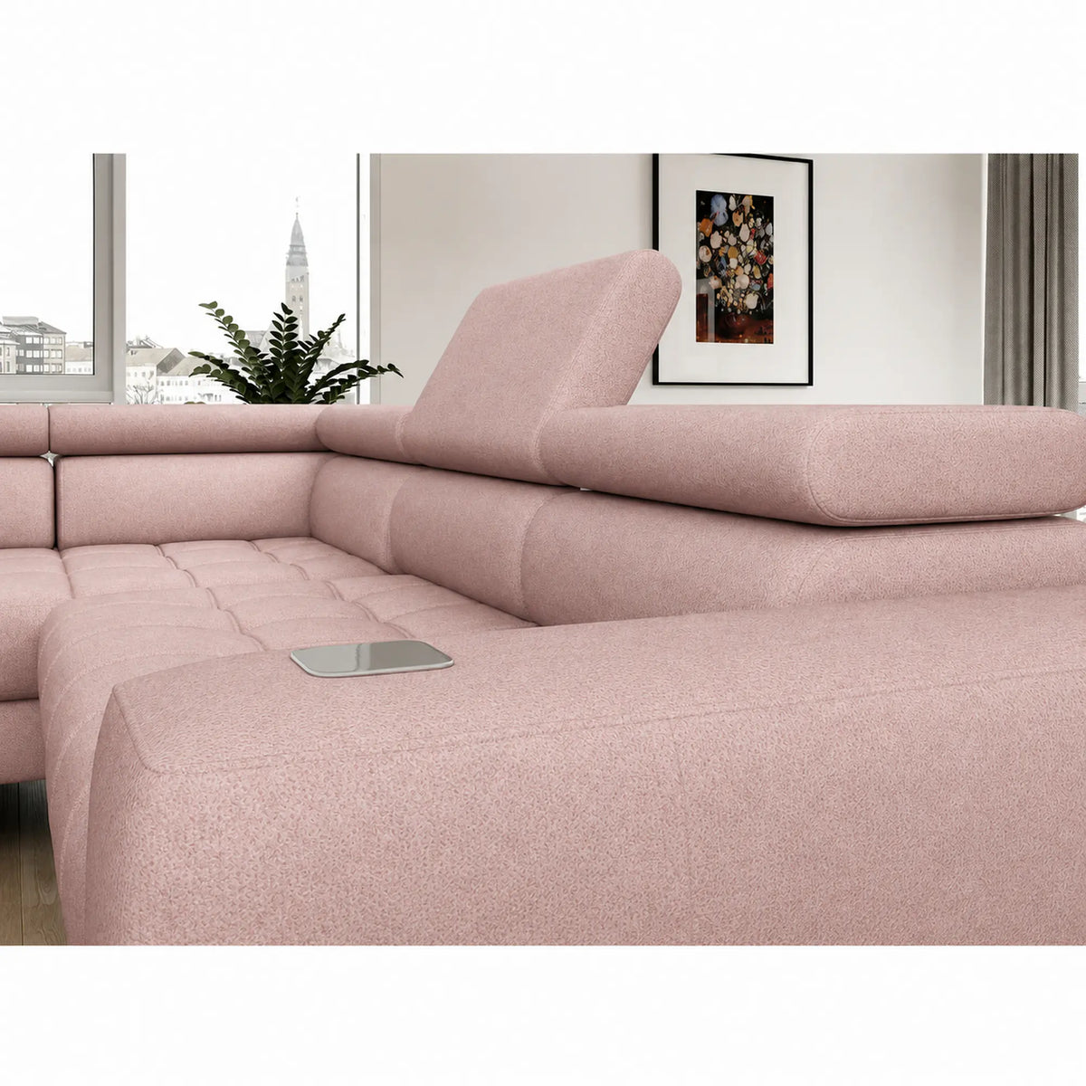 Coltar BAGGIO, sezlong dreapta, stofa catifelata roz - Element 18, cu reglaj electric, incarcator wireless, lada depozitare si tetiere reglabile, 280x196x100 cm