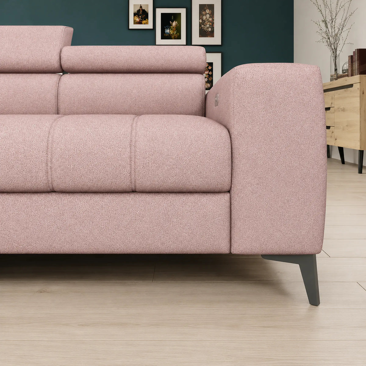 Coltar BAGGIO, sezlong dreapta, stofa catifelata roz - Element 18, cu reglaj electric, incarcator wireless, lada depozitare si tetiere reglabile, 280x196x100 cm