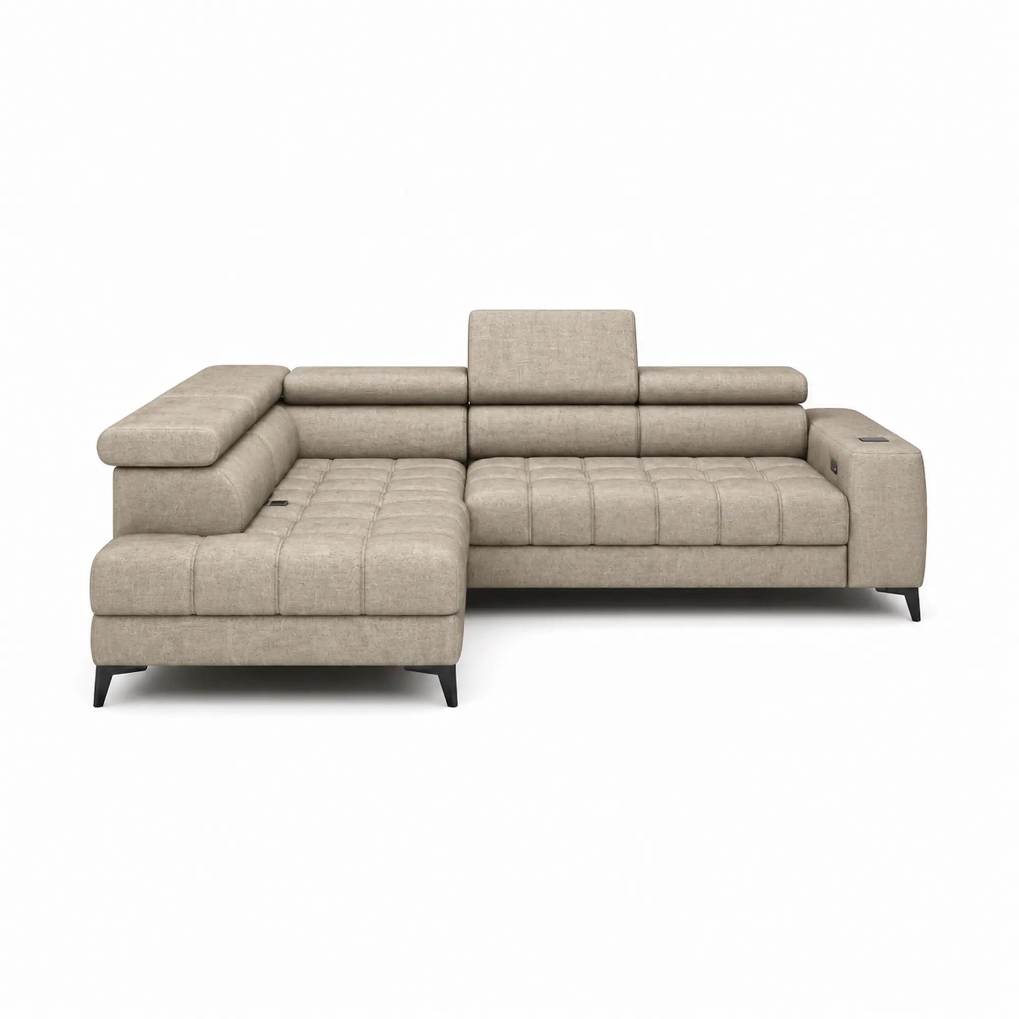Coltar BAGGIO, sezlong stanga, stofa catifelata bej - Whisper 3, cu reglaj electric, incarcator wireless, lada depozitare si tetiere reglabile, 280x196x100 cm
