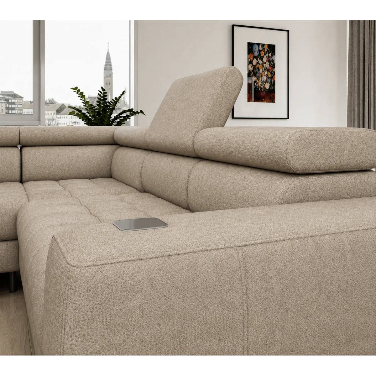 Coltar BAGGIO, sezlong stanga, stofa catifelata bej - Whisper 3, cu reglaj electric, incarcator wireless, lada depozitare si tetiere reglabile, 280x196x100 cm