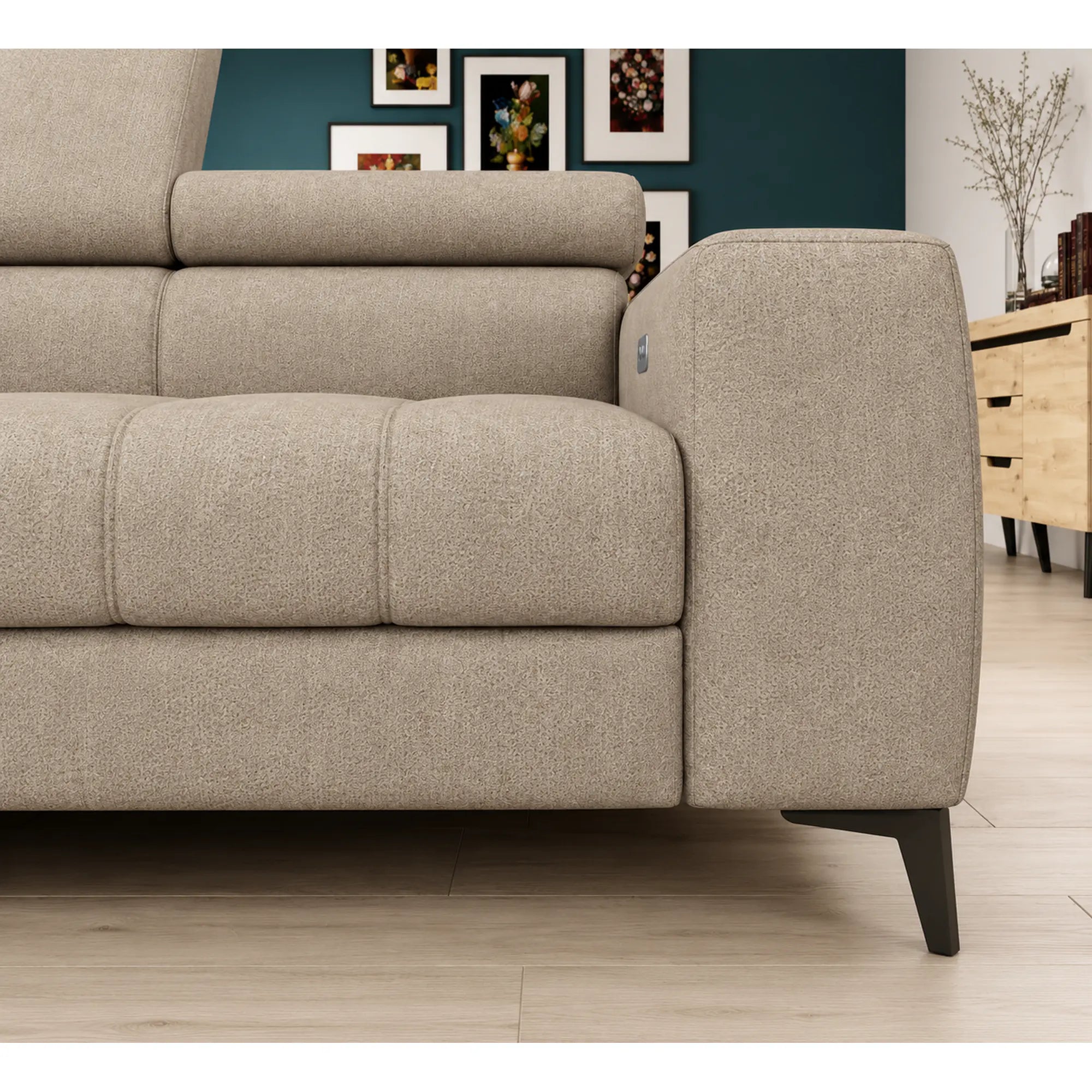 Coltar BAGGIO, sezlong stanga, stofa catifelata bej - Whisper 3, cu reglaj electric, incarcator wireless, lada depozitare si tetiere reglabile, 280x196x100 cm