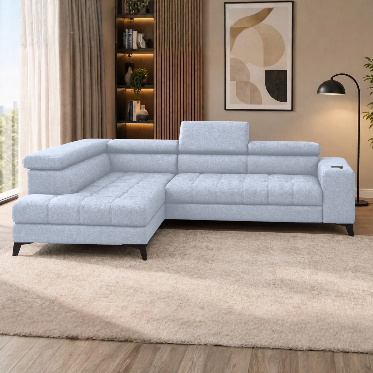 Coltar BAGGIO, sezlong stanga, stofa catifelata gri - Monolith 84, cu reglaj electric,lada depozitare, incarcator wireless si tetiere reglabile, 280x196x100 cm