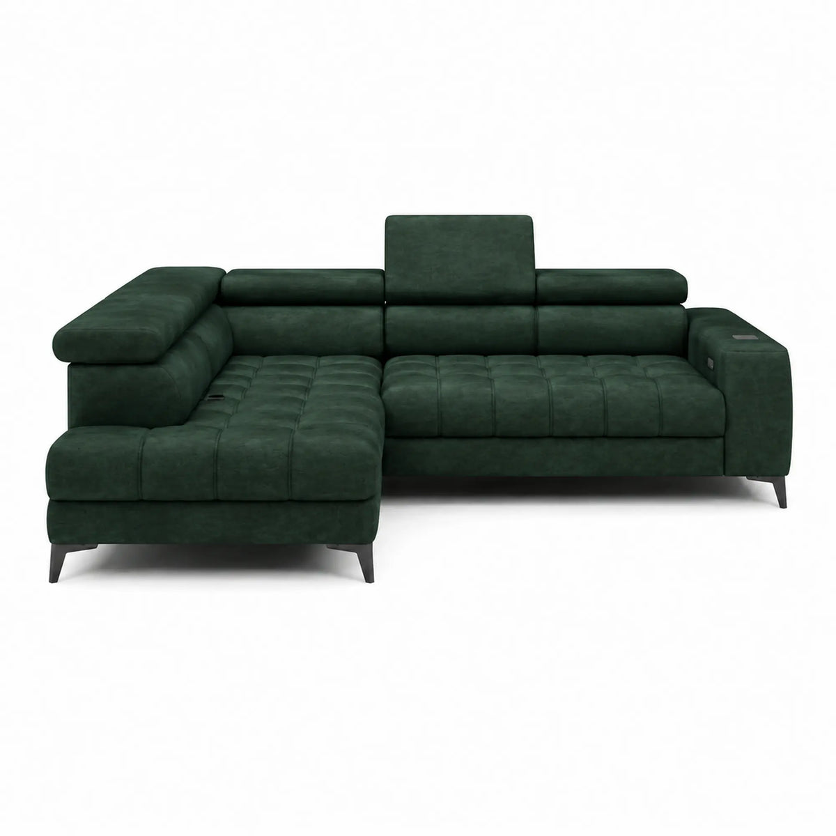 Coltar BAGGIO, sezlong stanga, stofa catifelata verde - Riviera 38, cu reglaj electric, incarcator wireless, lada depozitare si tetiere reglabile, 280x196x100 cm
