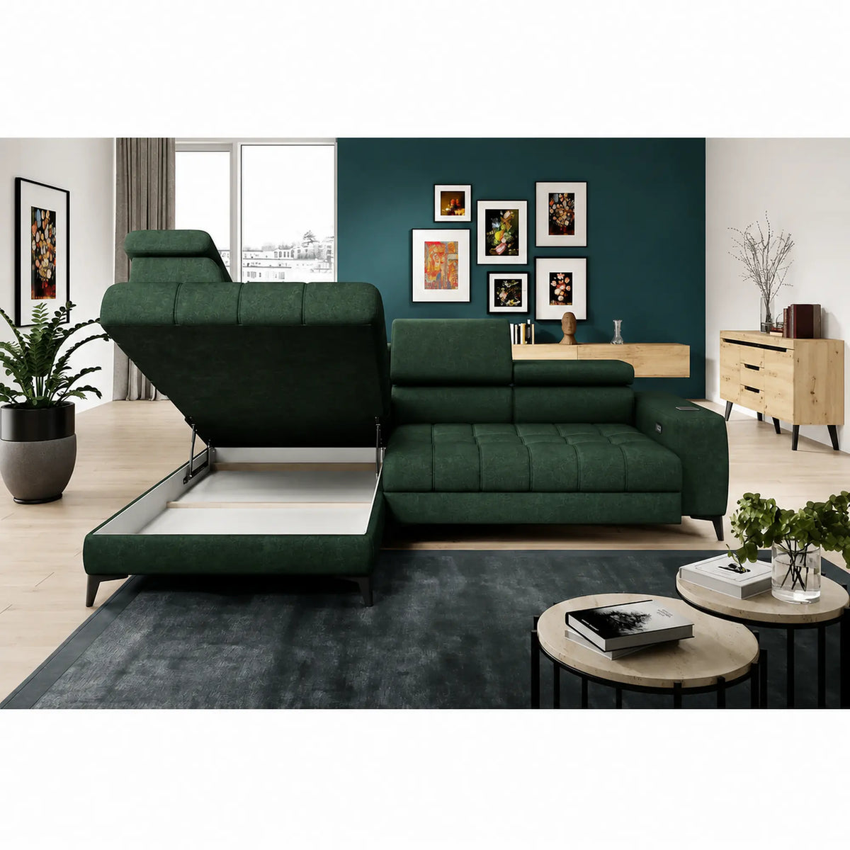 Coltar BAGGIO, sezlong stanga, stofa catifelata verde - Riviera 38, cu reglaj electric, incarcator wireless, lada depozitare si tetiere reglabile, 280x196x100 cm