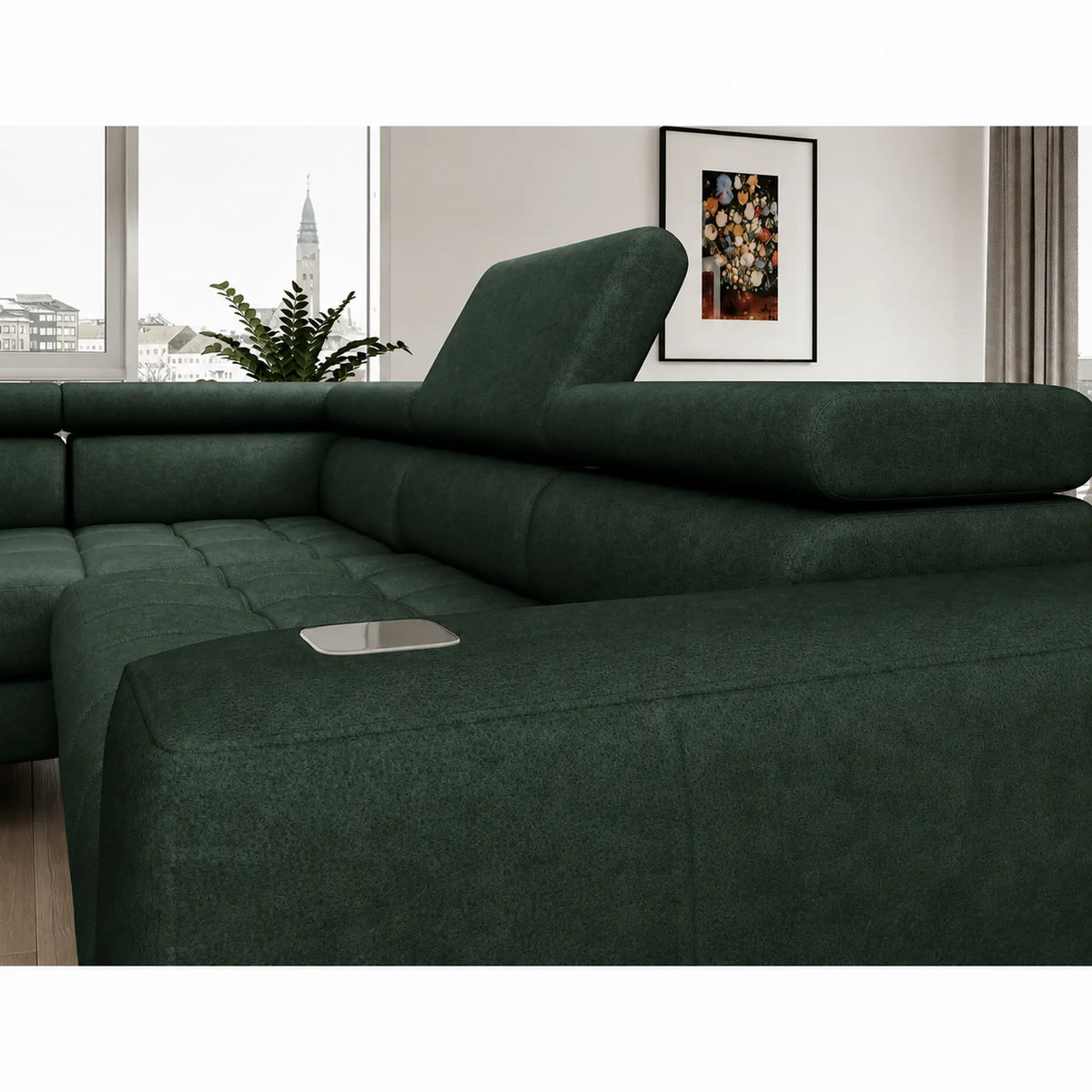 Coltar BAGGIO, sezlong stanga, stofa catifelata verde - Riviera 38, cu reglaj electric, incarcator wireless, lada depozitare si tetiere reglabile, 280x196x100 cm