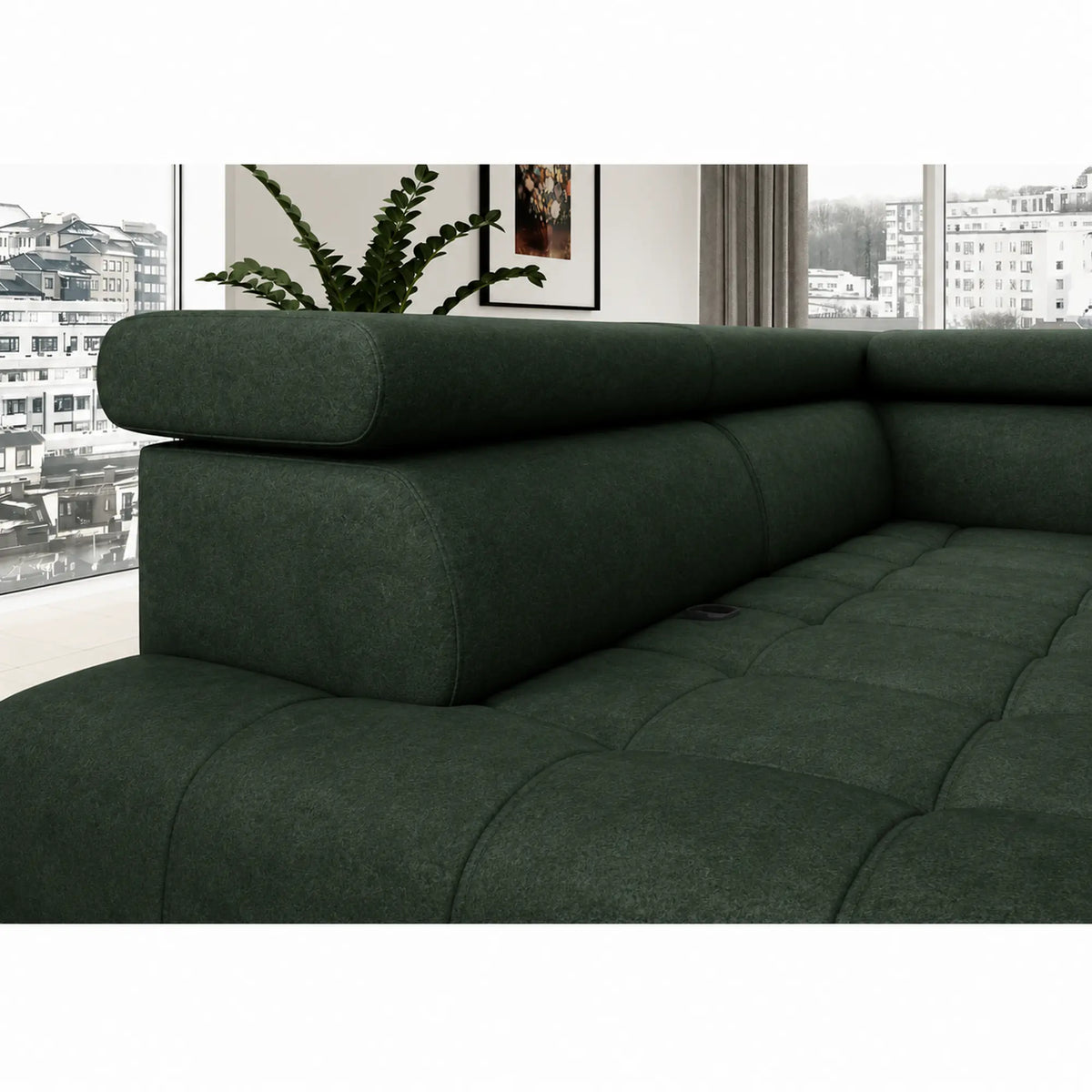Coltar BAGGIO, sezlong stanga, stofa catifelata verde - Riviera 38, cu reglaj electric, incarcator wireless, lada depozitare si tetiere reglabile, 280x196x100 cm