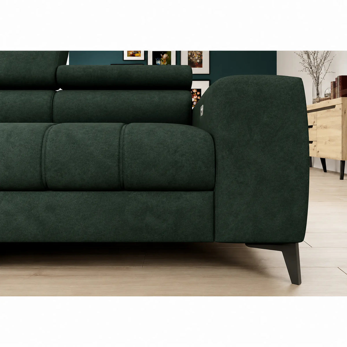 Coltar BAGGIO, sezlong stanga, stofa catifelata verde - Riviera 38, cu reglaj electric, incarcator wireless, lada depozitare si tetiere reglabile, 280x196x100 cm