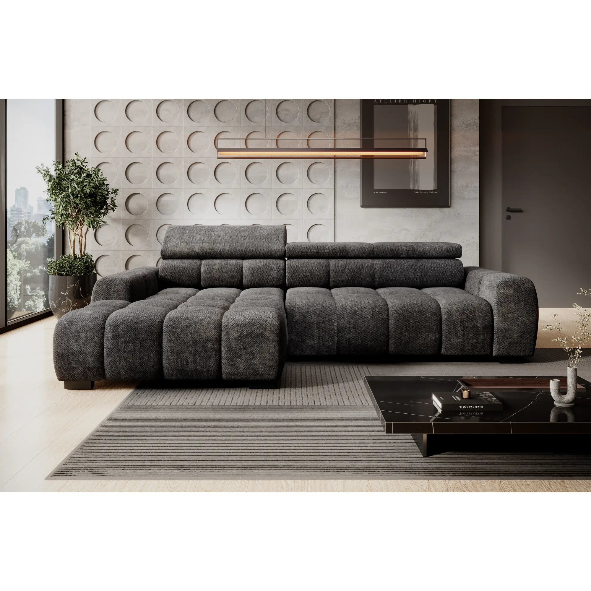 Coltar BULL S, sezlong stanga, stofa catifelata gri inchis - Salvador 15, cu reglaj electric si tetiere reglabile, 285x168x97 cm