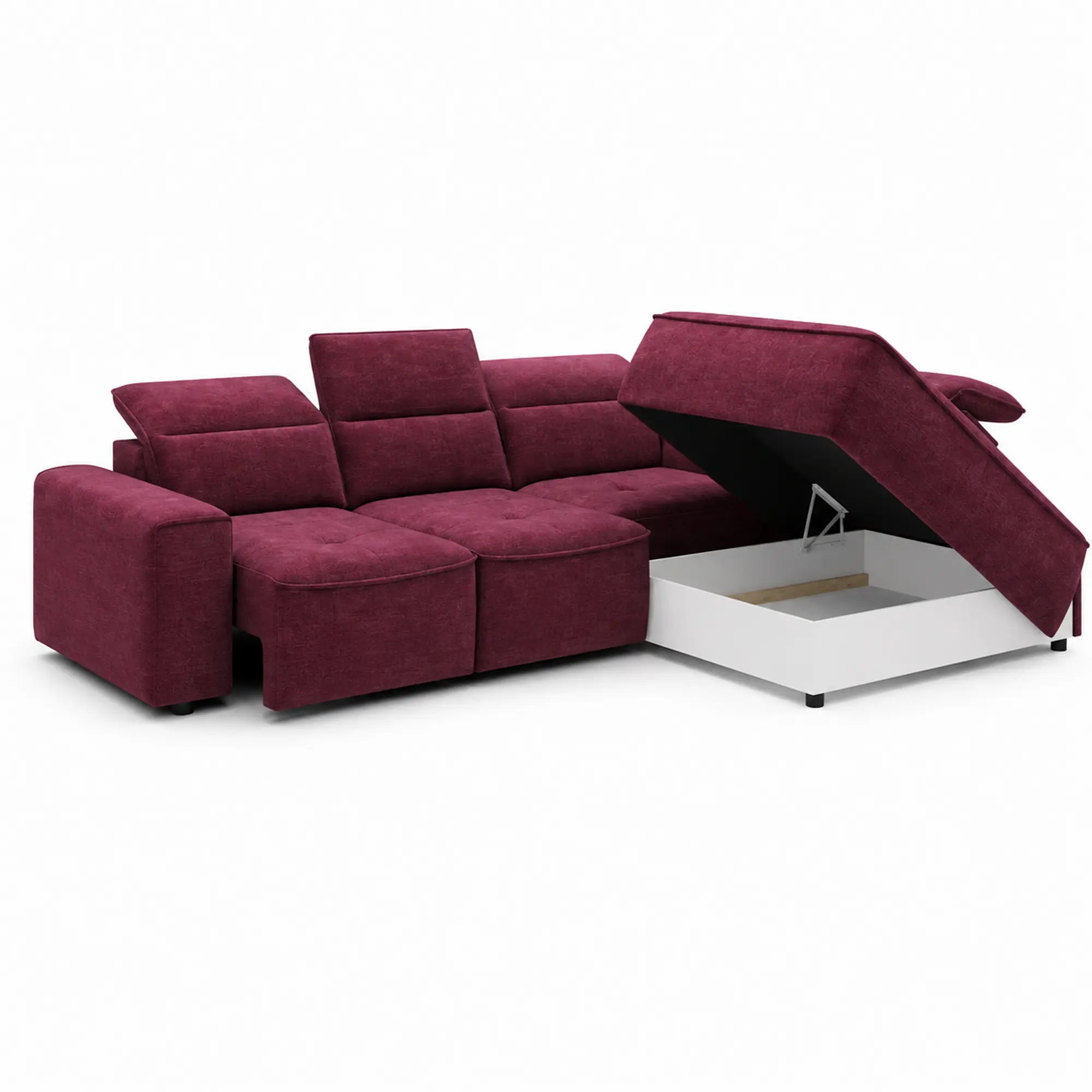 Coltar COLOMBO L, sezlong dreapta, stofa catifelata rosu bordo - Crown 06, cu reglaj electric, tetiere reglabile si lada depozitare, 296x227x103 cm
